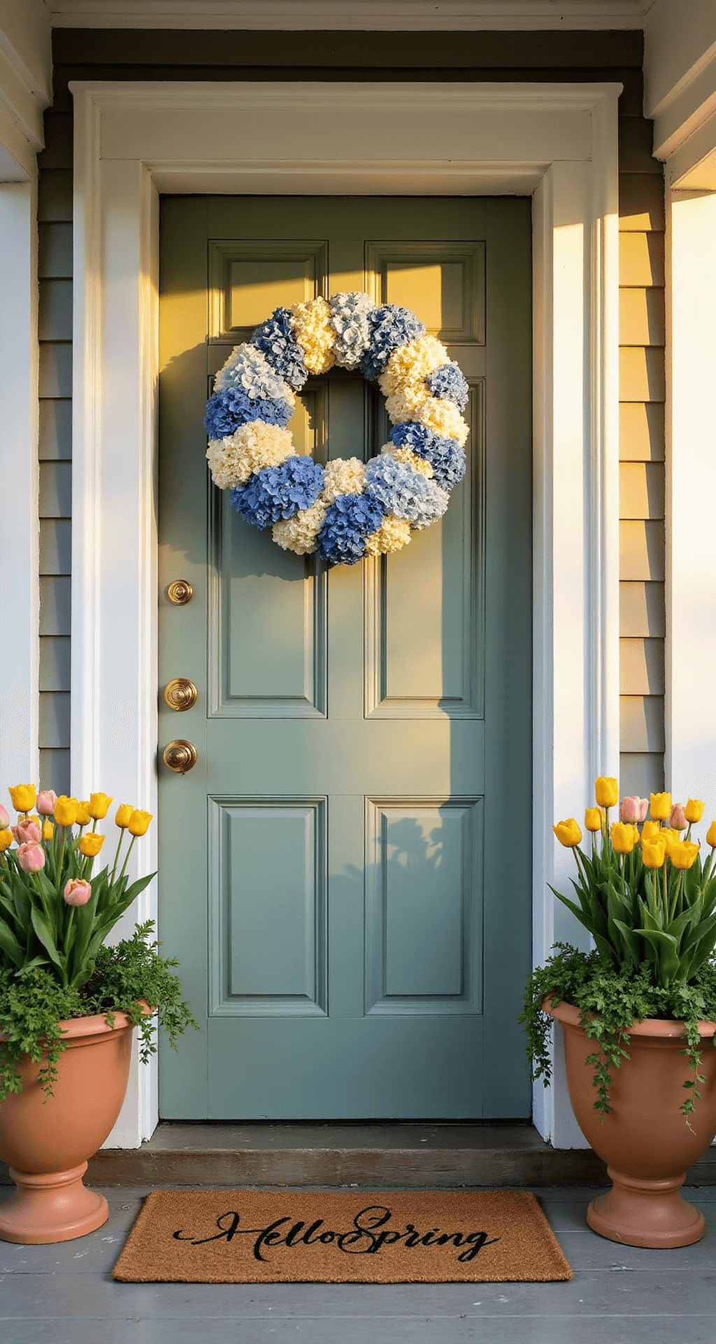 Spring Front Door Decor That Actually Makes Your Neighbors Jealous Wide-angle shot of an elegant sage green front door adorned with a large hydrangea wreath in deep blues and creamy whites, set against a sunlit covered porch. The scene features white columns, oversized clay planters filled with vibrant yellow and pink tulips and cascading ivy, and a 'Hello Spring' doormat on weathered wooden boards, with intricate architectural details and brass door hardware, captured from a low angle.