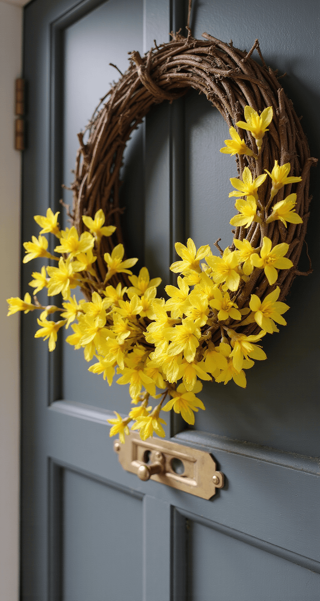 Spring Front Door Decor That Actually Makes Your Neighbors Jealous Close-up of a forsythia branch wreath adorned with bright yellow flowers against a charcoal gray door, featuring soft morning light, a brass door knocker, and a blurred background that emphasizes the wreath's intricate craftsmanship and dew-kissed petals.