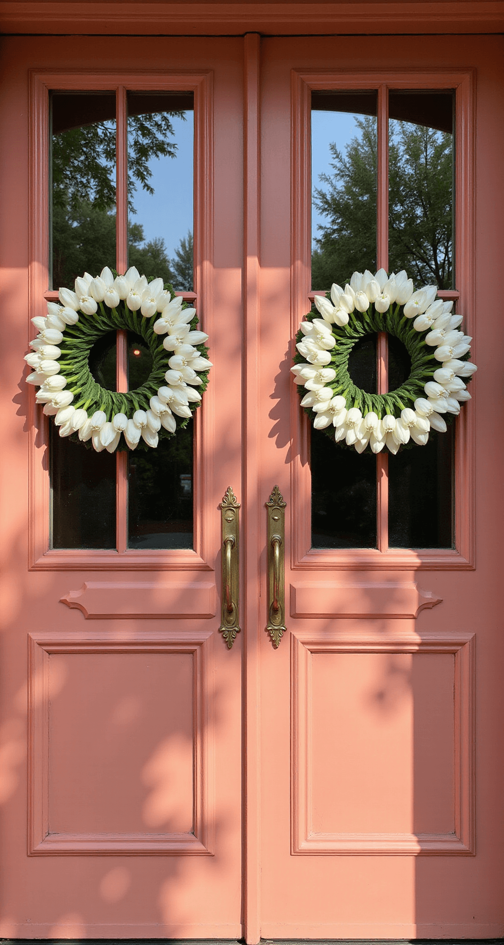 Spring Front Door Decor That Actually Makes Your Neighbors Jealous Symmetrical composition of double white tulip wreaths on soft coral French doors, with dappled sunlight and shadows enhancing the elegant entrance.