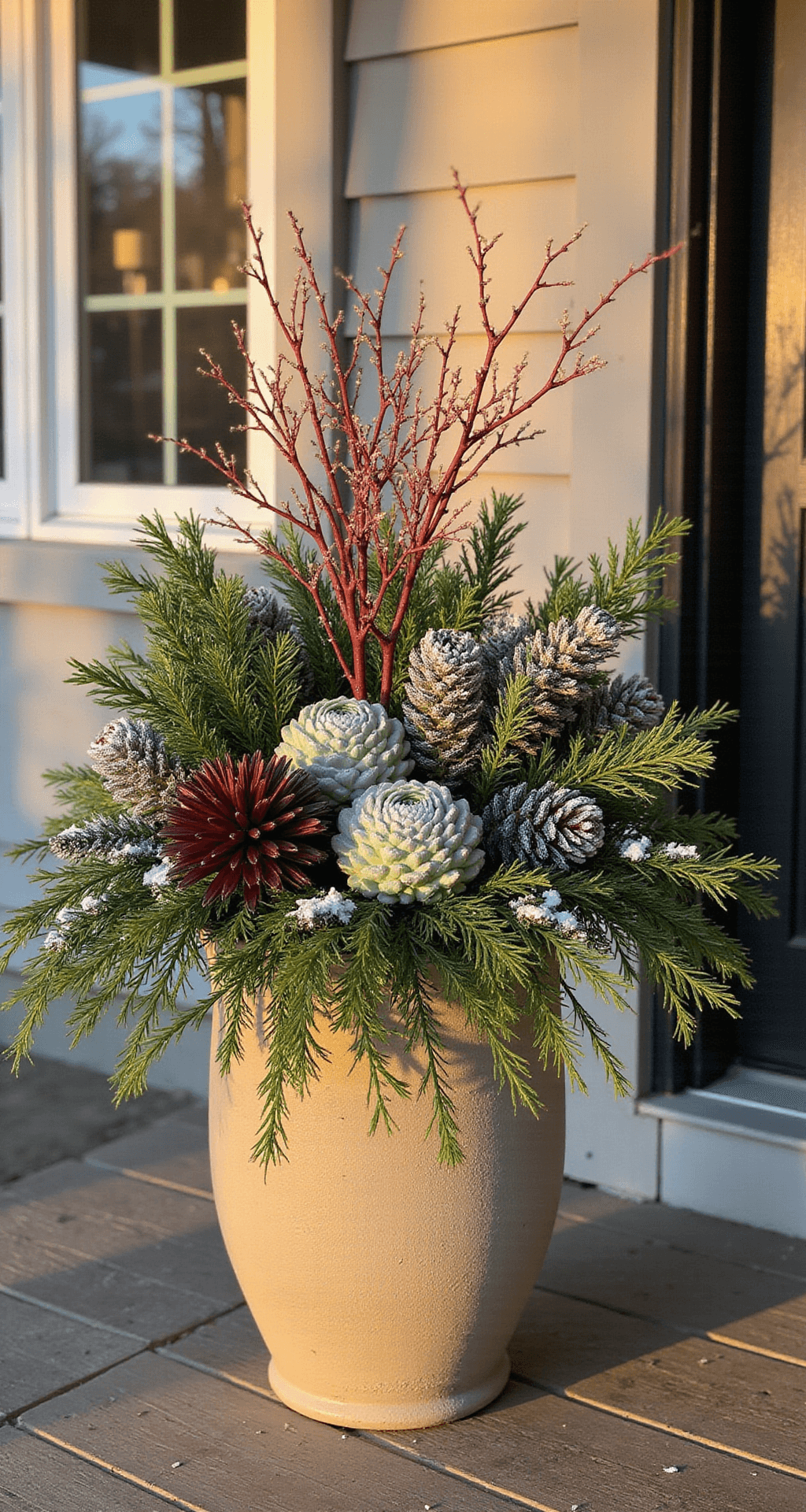 Winter Front Porch Planters That'll Make Your Neighbors Jealous (Even in a Blizzard) A wide-angle shot of a winter front porch planter at golden hour, featuring a rustic ceramic container filled with dense cedar and pine branches, cascading white pine, burgundy-tipped ornamental kale, and silvery coral bells, accented by frosted white pinecones and red twig dogwood. Soft snow dusts the greenery, with warm neutral tones of weathered wooden porch boards enhancing the cozy atmosphere.