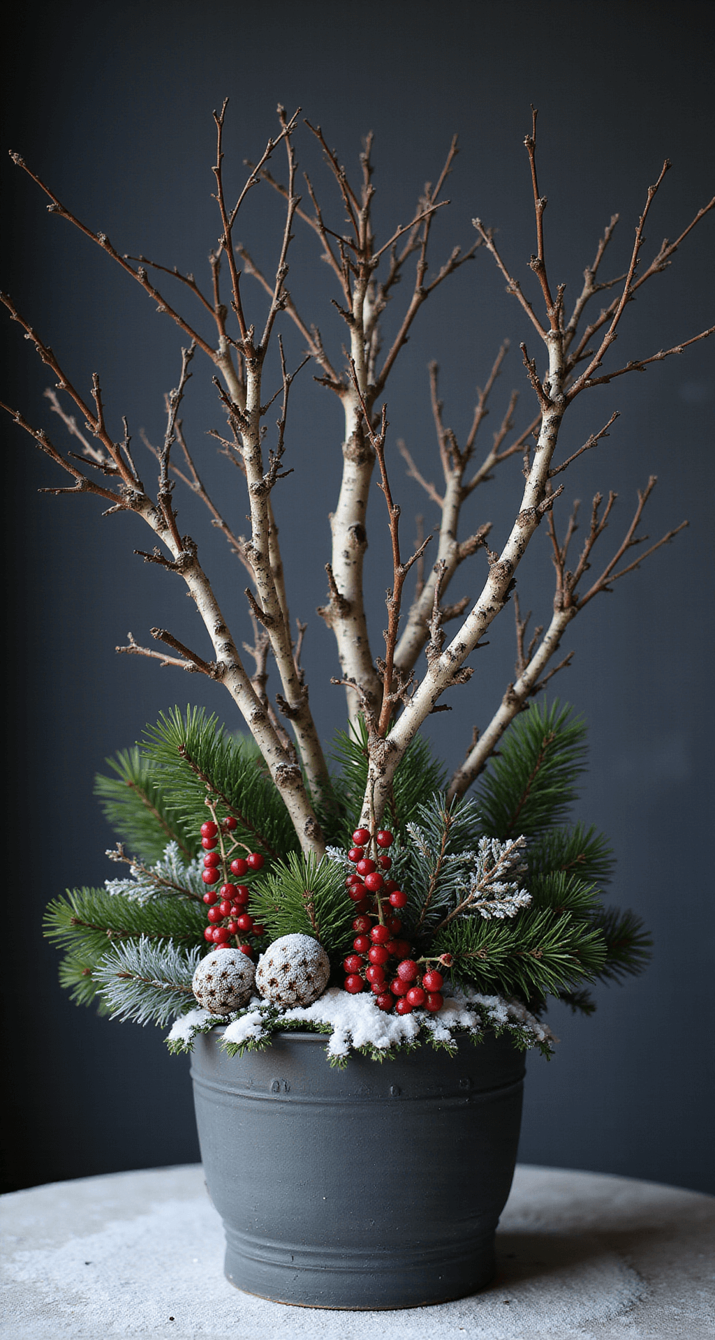 Winter Front Porch Planters That'll Make Your Neighbors Jealous (Even in a Blizzard) Moody winter planter arrangement with blue spruce and birch branches in a slate gray ceramic container, dramatic overhead lighting casting shadows, winterberry clusters in crimson, white-painted pinecones among evergreen textures, soft snowfall in the background, and a muted color palette of indigo, slate, and ivory.