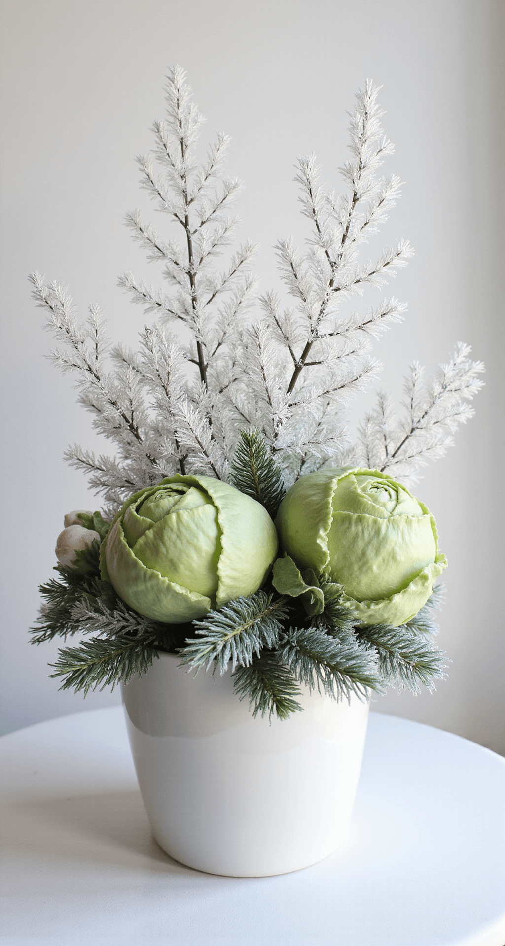 Winter Front Porch Planters That'll Make Your Neighbors Jealous (Even in a Blizzard) A minimalist winter planter featuring a white ceramic container filled with chartreuse and silver-toned ornamental cabbage, white pine, and juniper branches, accented by frosted pinecones and silver-painted twigs, all softly illuminated by morning light.