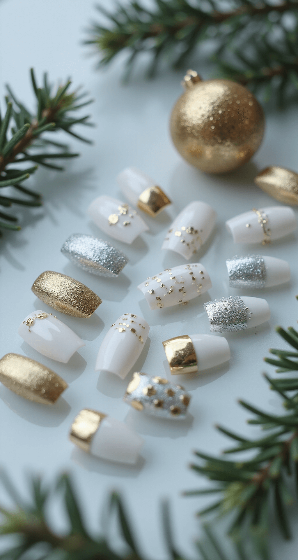 Cute Simple Christmas Nails That Won't Make You Want to Scream Into a Pillow Cinematic beauty product photography of a festive Christmas nail design set featuring intricate white and gold press-on nails on a reflective glass surface, accented by subtle pine branches, with macro detailing capturing the texture and design against a cool winter color palette.