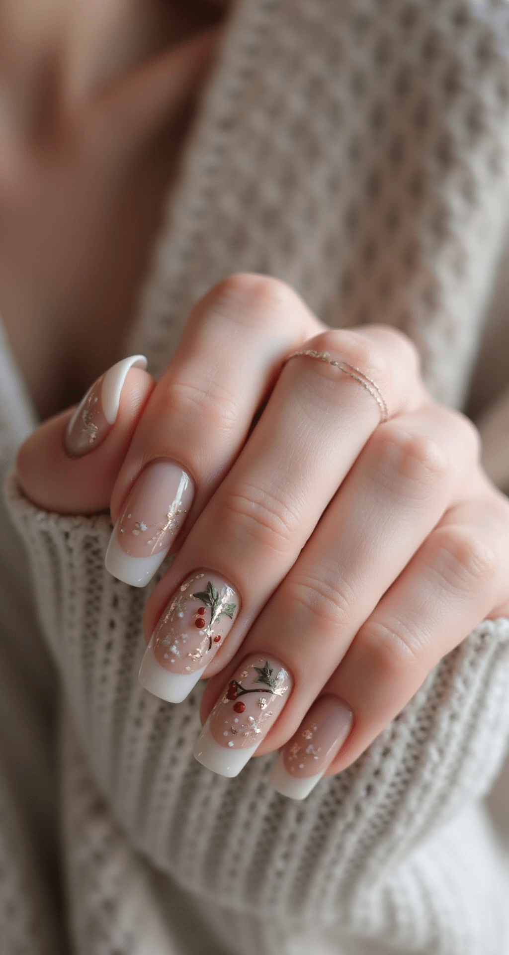 Cute Simple Christmas Nails That Won't Make You Want to Scream Into a Pillow Intimate beauty photograph showcasing a hand modeling a simple Christmas nail design with snowflake and holly berry art on a nude base, featuring gold foil accents and soft natural lighting against a cashmere sweater backdrop.