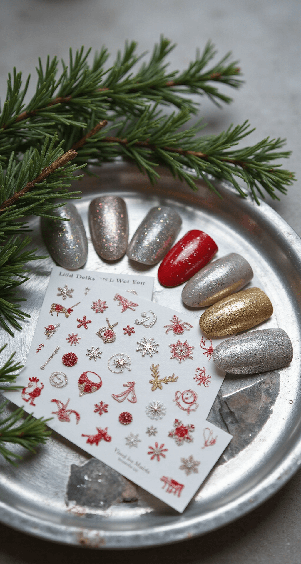 Cute Simple Christmas Nails That Won't Make You Want to Scream Into a Pillow A luxurious holiday nail sticker collection displayed on a reflective silver tray, featuring intricate designs of snowflakes and reindeer, accented by a subtle pine branch, all captured in crisp macro photography with a cool winter color palette and metallic highlights.