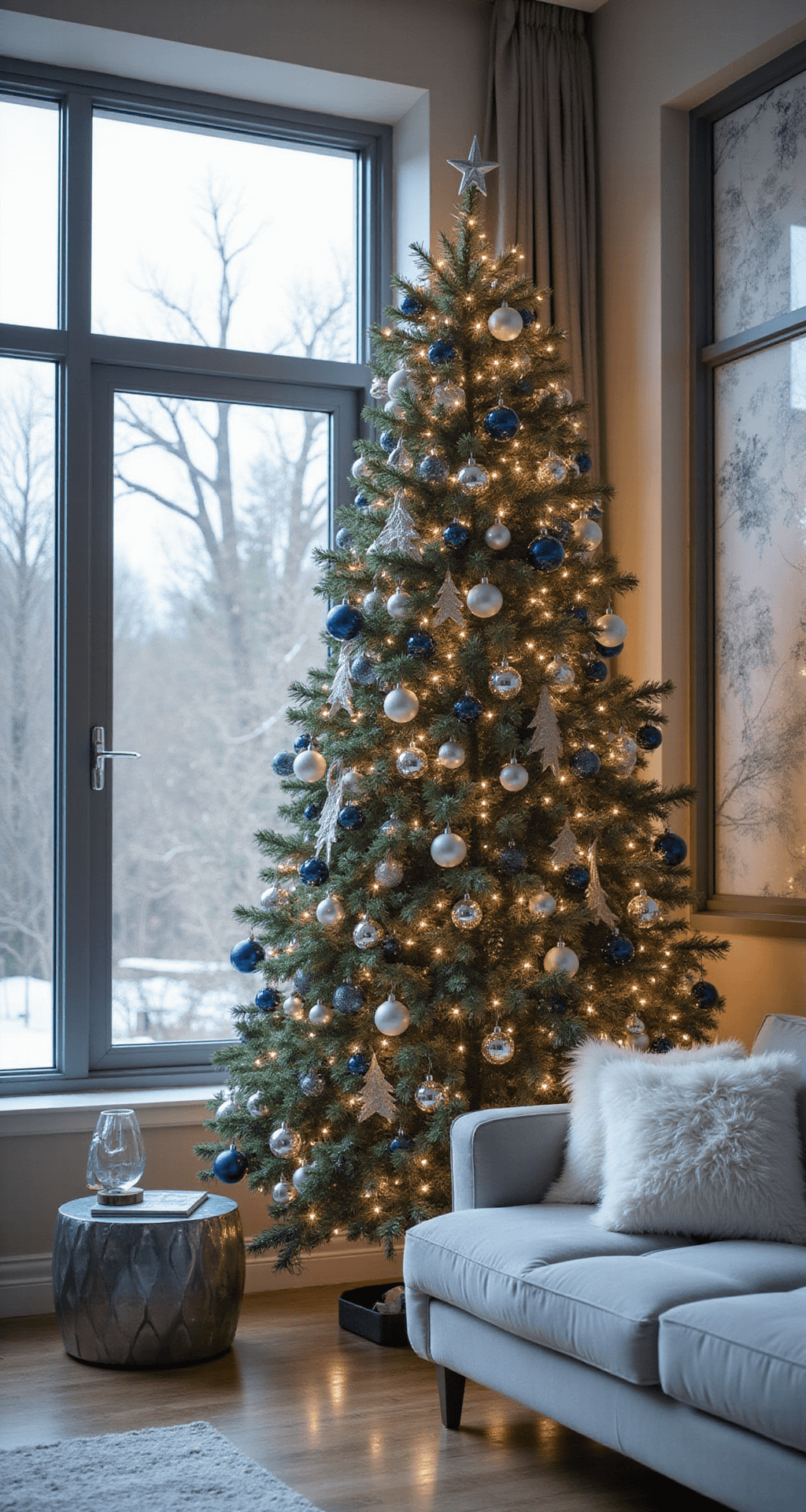 Blue and Silver Christmas Tree: Your Complete Guide to Winter Wonderland Elegance Ultra-realistic interior of a modern living room featuring a 9-foot blue and silver Christmas tree with warm white LED lights, positioned by floor-to-ceiling windows. A pale gray velvet sectional sofa with white faux fur pillows complements the hardwood floors, while a silver metallic side table with an abstract glass sculpture adds elegance. Soft winter light creates a serene atmosphere with delicate shadows and bokeh lighting effects.