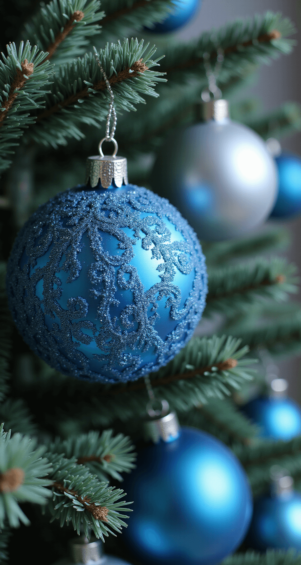 Blue and Silver Christmas Tree: Your Complete Guide to Winter Wonderland Elegance Close-up of a photorealistic Christmas tree ornament arrangement featuring intricate blue and silver glass ornaments in glossy, matte, and glittered finishes, set against a softly blurred background of tree branches, showcasing detailed textures and reflections in cool natural lighting.
