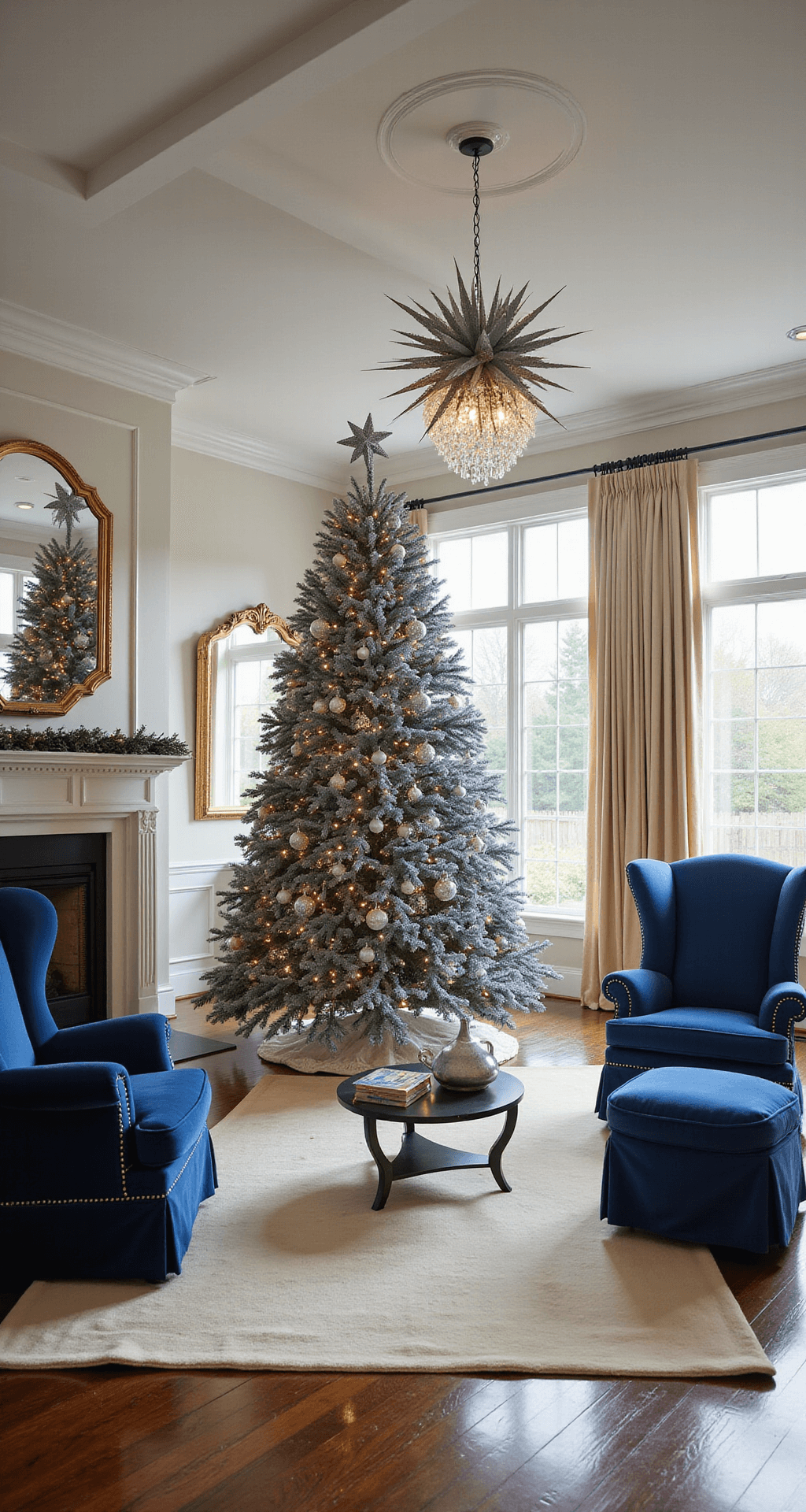 Blue and Silver Christmas Tree: Your Complete Guide to Winter Wonderland Elegance Elegant living room with a beautifully decorated blue and silver Christmas tree, coffered ceiling, and warm white LED lights, featuring navy blue velvet wingback chairs, a cream silk area rug, and a crystal chandelier, all illuminated by soft morning sunlight.