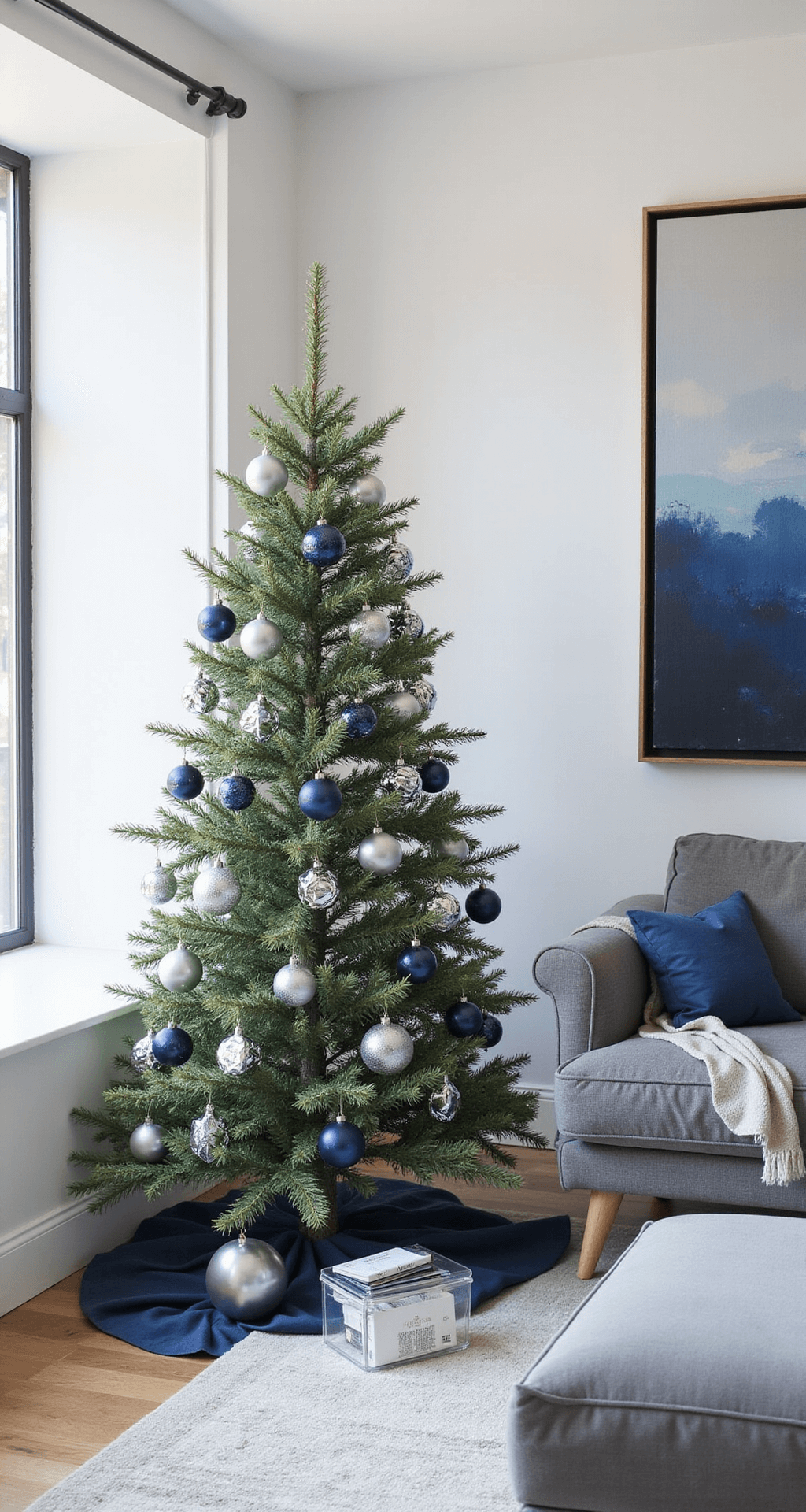 Blue and Silver Christmas Tree: Your Complete Guide to Winter Wonderland Elegance Intimate minimalist living room featuring a blue and silver themed Christmas tree adorned with geometric silver ornaments and navy blue glass baubles, complemented by pure white walls, large abstract art, and modern low-profile gray furniture, all bathed in soft natural light.