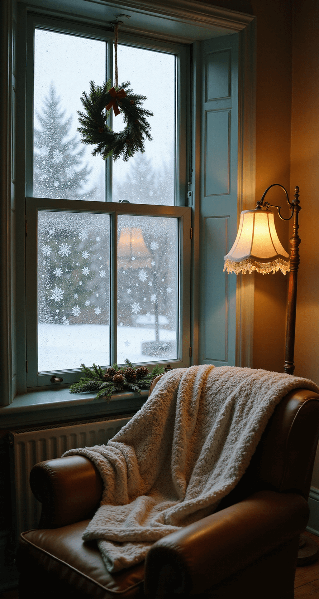 10 Christmas Window Painting Ideas That'll Make Your Neighbors Stop and Stare A cozy living room window at twilight with frost-etched glass adorned with delicate white and silver snowflakes, warm golden light illuminating the scene, featuring soft pine green walls and a plush cream throw on a vintage leather chair, framed by a pine cone and holly wreath.