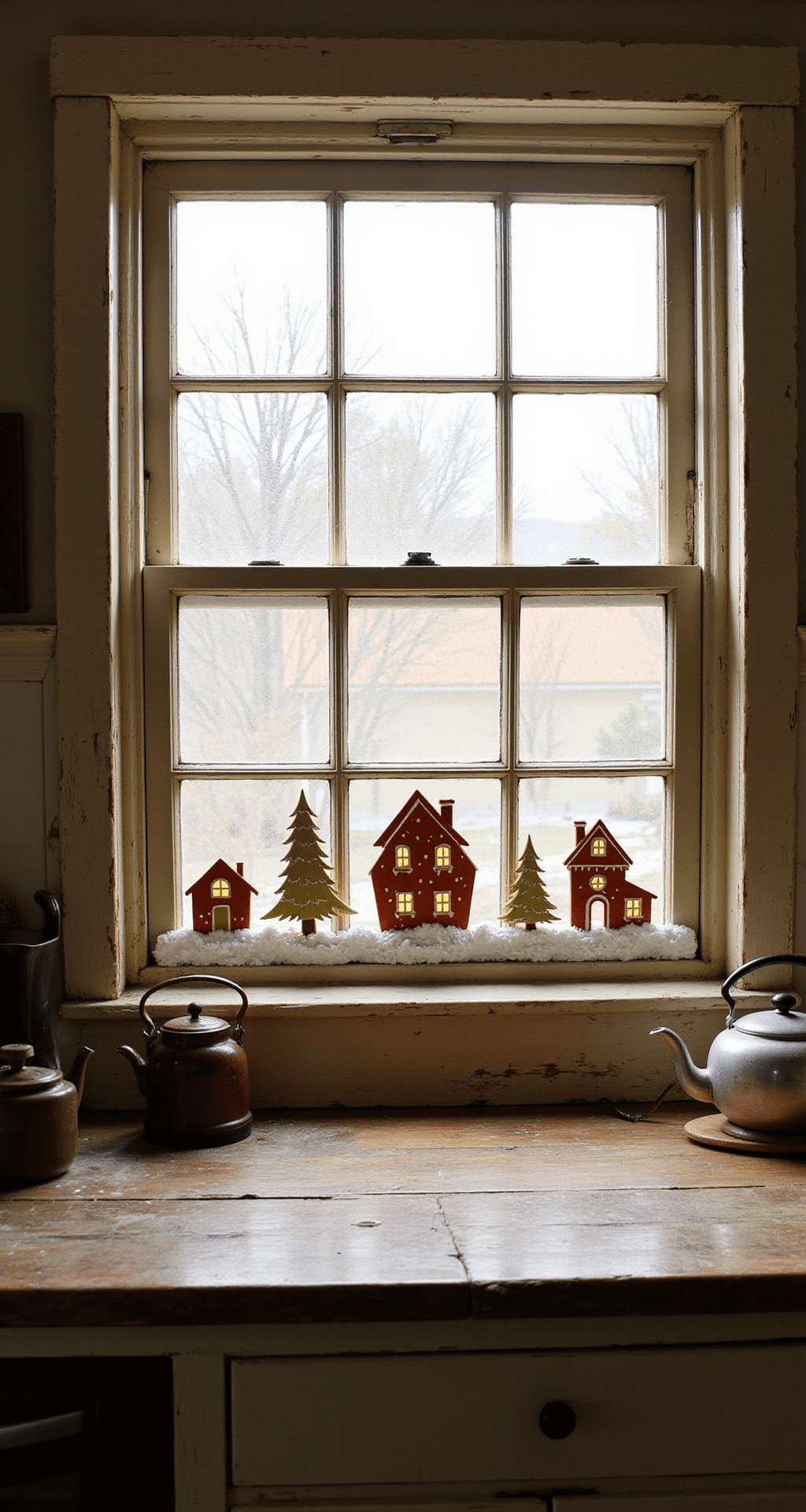 10 Christmas Window Painting Ideas That'll Make Your Neighbors Stop and Stare A rustic farmhouse kitchen window scene featuring hand-painted gingerbread house silhouettes in warm brown and red tones, illuminated by soft morning light. The window showcases whimsical gingerbread houses with candy dot decorations and white snow along the bottom edge, framed by rough-hewn wooden countertops and a cast iron tea kettle. The warm color palette includes burnt sienna, cream, and sage green, capturing the entire window scene in a wide-angle shot.