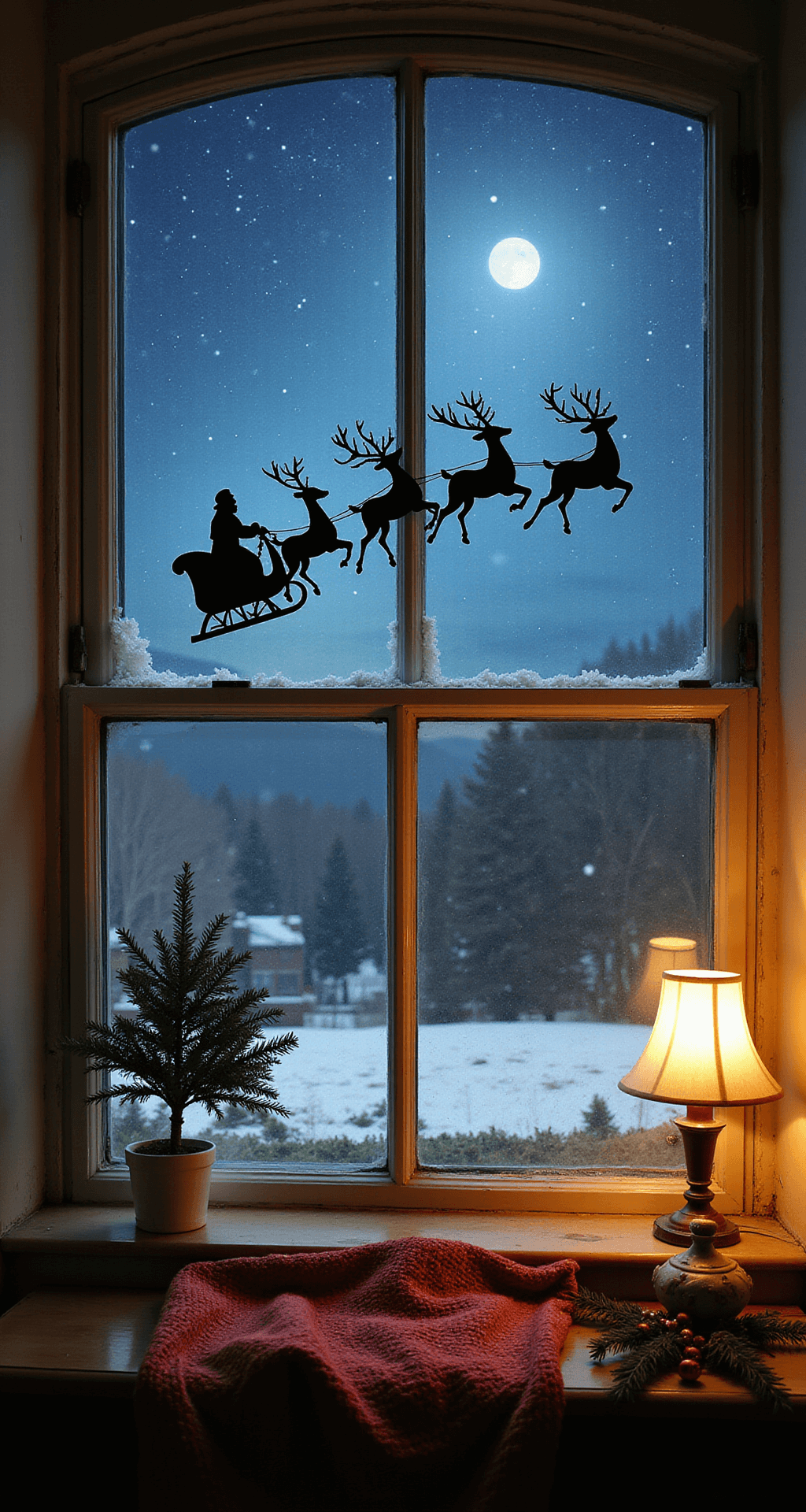 10 Christmas Window Painting Ideas That'll Make Your Neighbors Stop and Stare A festive bay window features a hand-painted scene of Santa's sleigh and reindeer against a deep indigo night sky with glittering stars. The silhouettes are mid-flight across the panes, illuminated by warm interior light. Nearby, a vintage wool throw and pine branch decorations add to the cozy atmosphere, captured in macro photography that highlights the paint texture in a dreamlike soft focus with a rich jewel-tone palette.