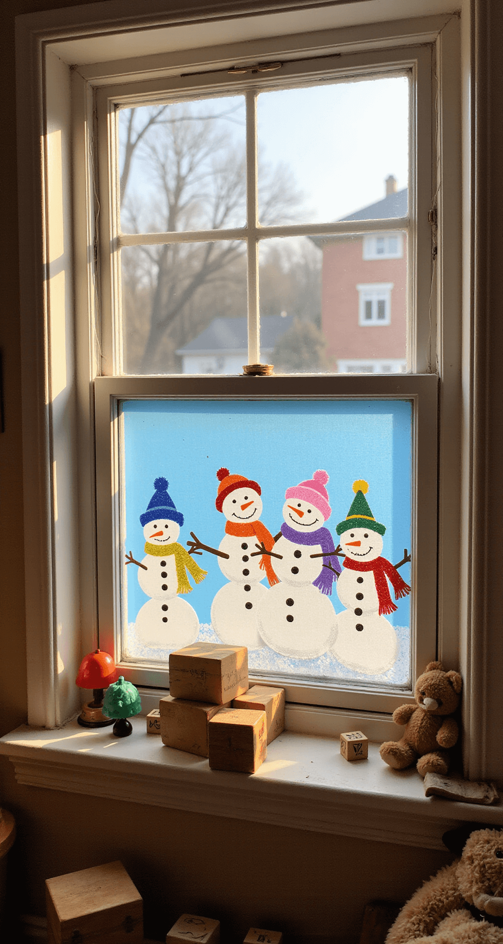 10 Christmas Window Painting Ideas That'll Make Your Neighbors Stop and Stare A whimsical children's playroom window shows a cheerful snowman family scene, featuring snowmen in colorful scarves and unique hats under soft morning light, with hand-painted details and a backdrop of wooden toy blocks and stuffed animals, creating a magical, storybook atmosphere.