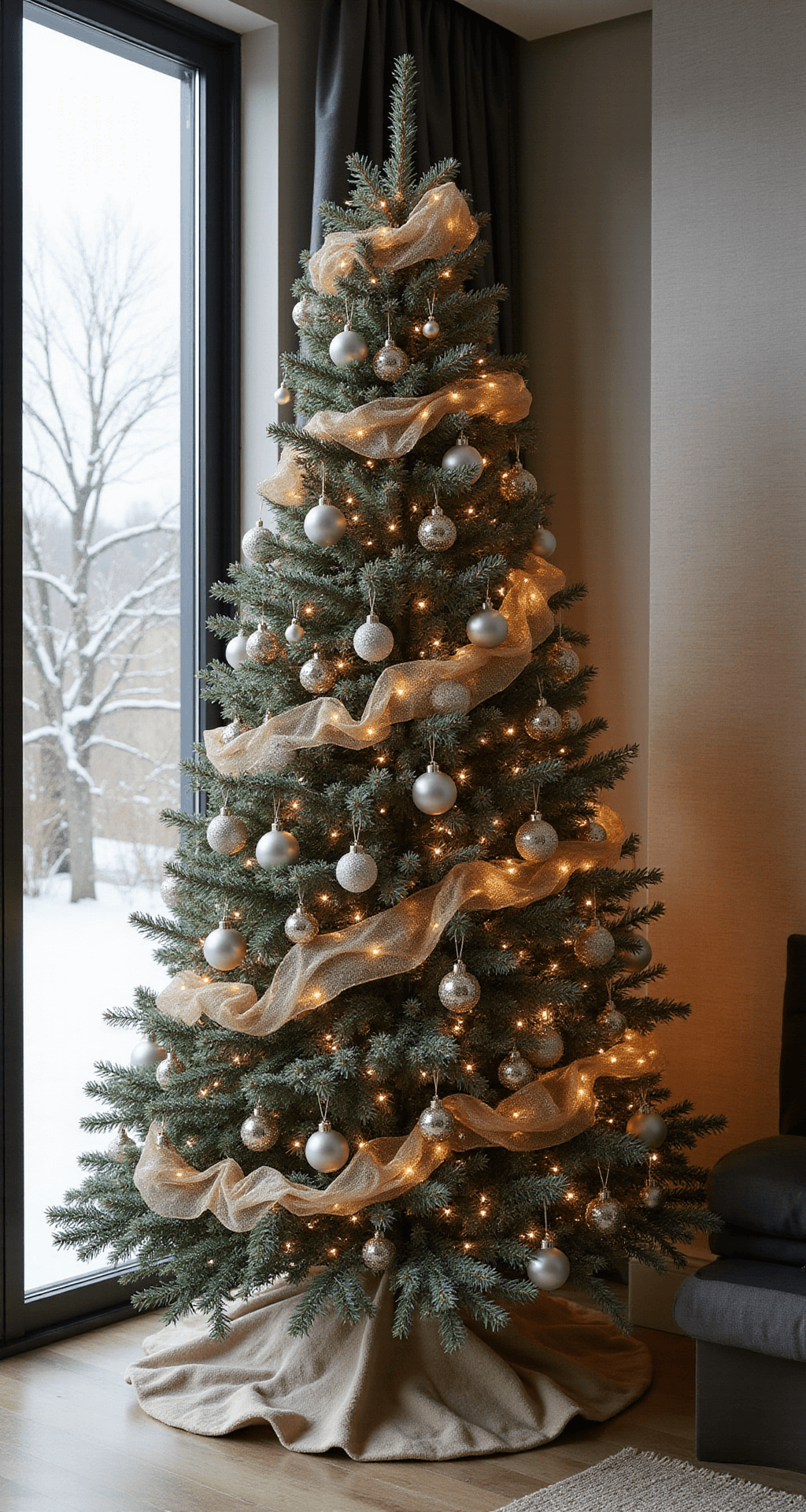 How I Transformed My Dollar Tree Christmas Tree Into a Luxury-Looking Holiday Display A modern living room featuring a beautifully decorated 6-foot Christmas tree with matte finish, warm amber lighting, and silver and gold ornaments, near large windows with soft winter light, against a neutral taupe wall with textured wallpaper.