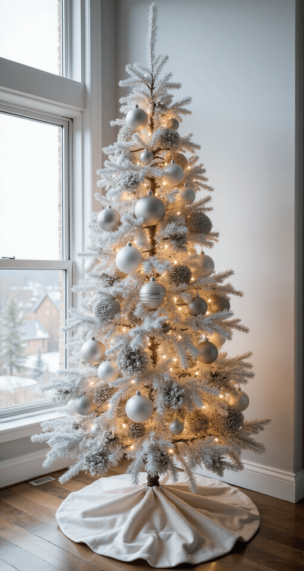 How I Transformed My Dollar Tree Christmas Tree Into a Luxury-Looking Holiday Display Meticulously styled Christmas tree in a modern minimalist living room, illuminated by soft natural light from large windows, featuring a monochromatic ornament collection in whites, silvers, and soft grays, and a matte white tree base.