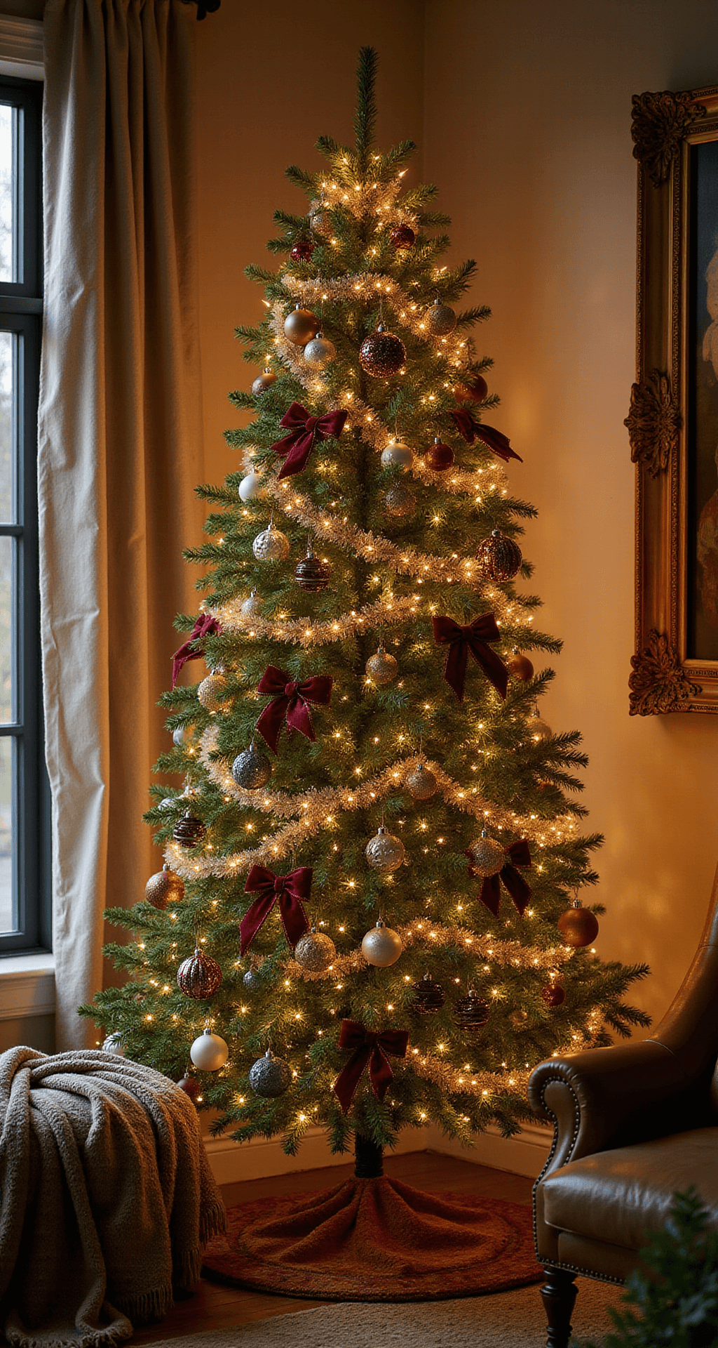 How I Transformed My Dollar Tree Christmas Tree Into a Luxury-Looking Holiday Display Intimate holiday interior scene showcasing a professionally styled Dollar Tree Christmas tree in a cozy reading nook, adorned with deep burgundy, champagne gold, and forest green ornaments, draped with icicle-style LED lights, and complemented by rich velvet ribbon bows. A soft throw and vintage leather chair enhance the luxurious atmosphere with warm lighting and dramatic shadows.