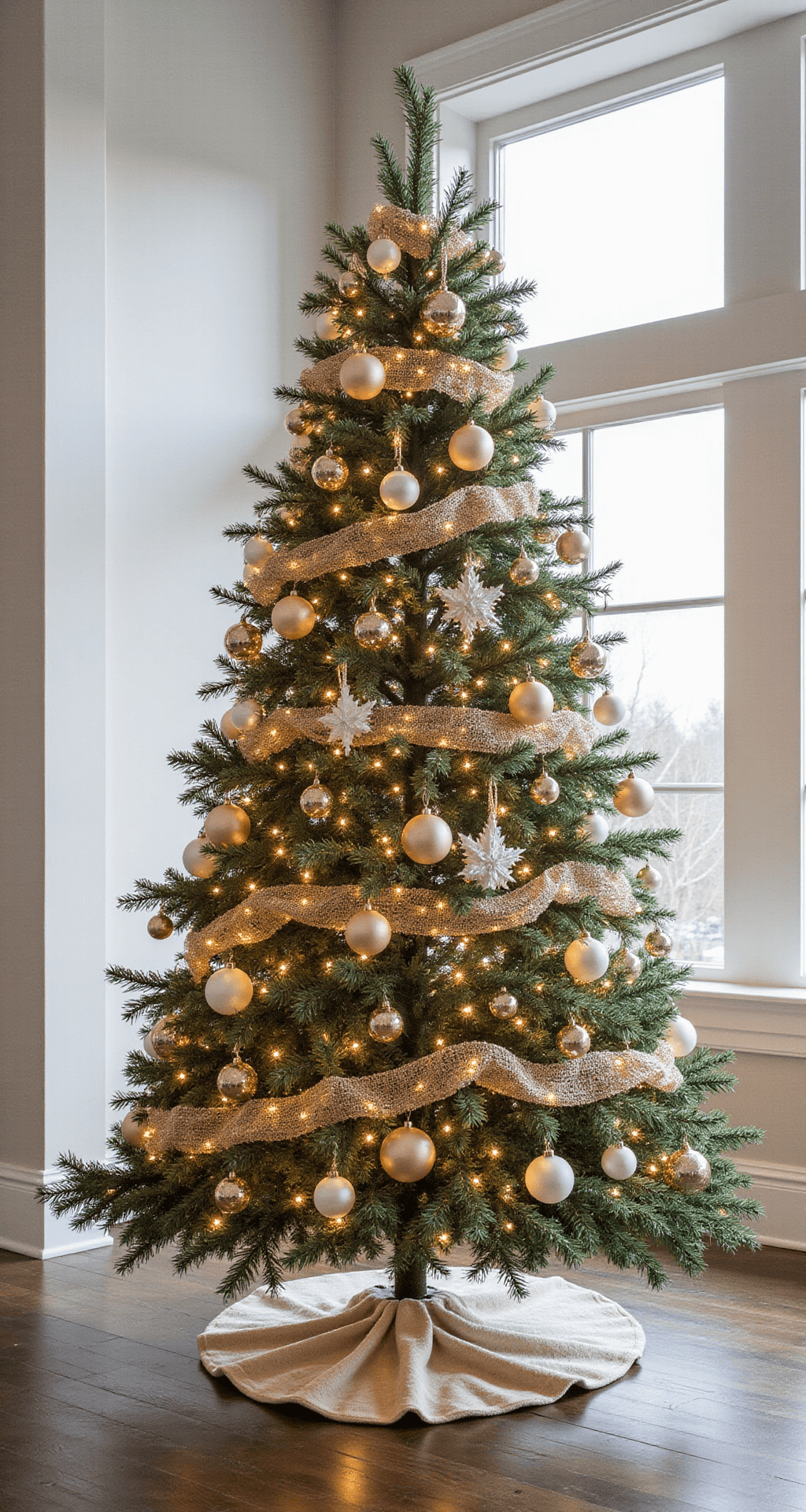 How I Transformed My Dollar Tree Christmas Tree Into a Luxury-Looking Holiday Display A beautifully styled 6-foot Christmas tree adorned with metallic champagne, soft blush, and matte white ornaments, illuminated by diffused daylight, showcasing professional layered placement of large and medium baubles, decorative mesh ribbon, and LED lighting, captured in a way that emphasizes negative space and sophisticated design.