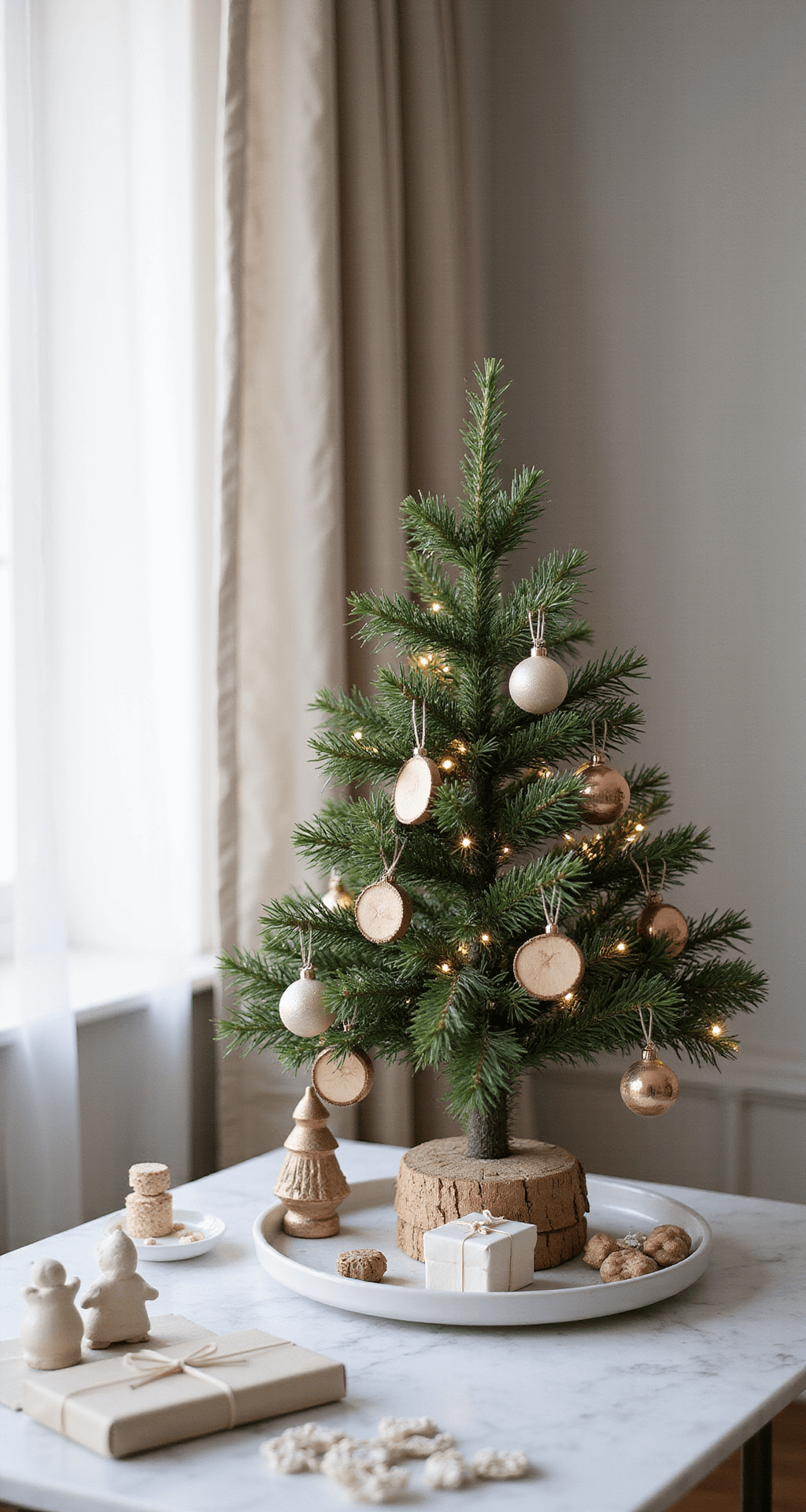 How to Decorate a Small Christmas Tree Without Making It Look Cluttered A modern minimalist living room features a stylish tabletop Christmas tree on a white marble console table, decorated with cream and wood slice ornaments, a single copper accent, and warm fairy lights. Natural morning light filters through sheer curtains, illuminating the scene with soft shadows and highlighting small wrapped boxes and ceramic figurines.
