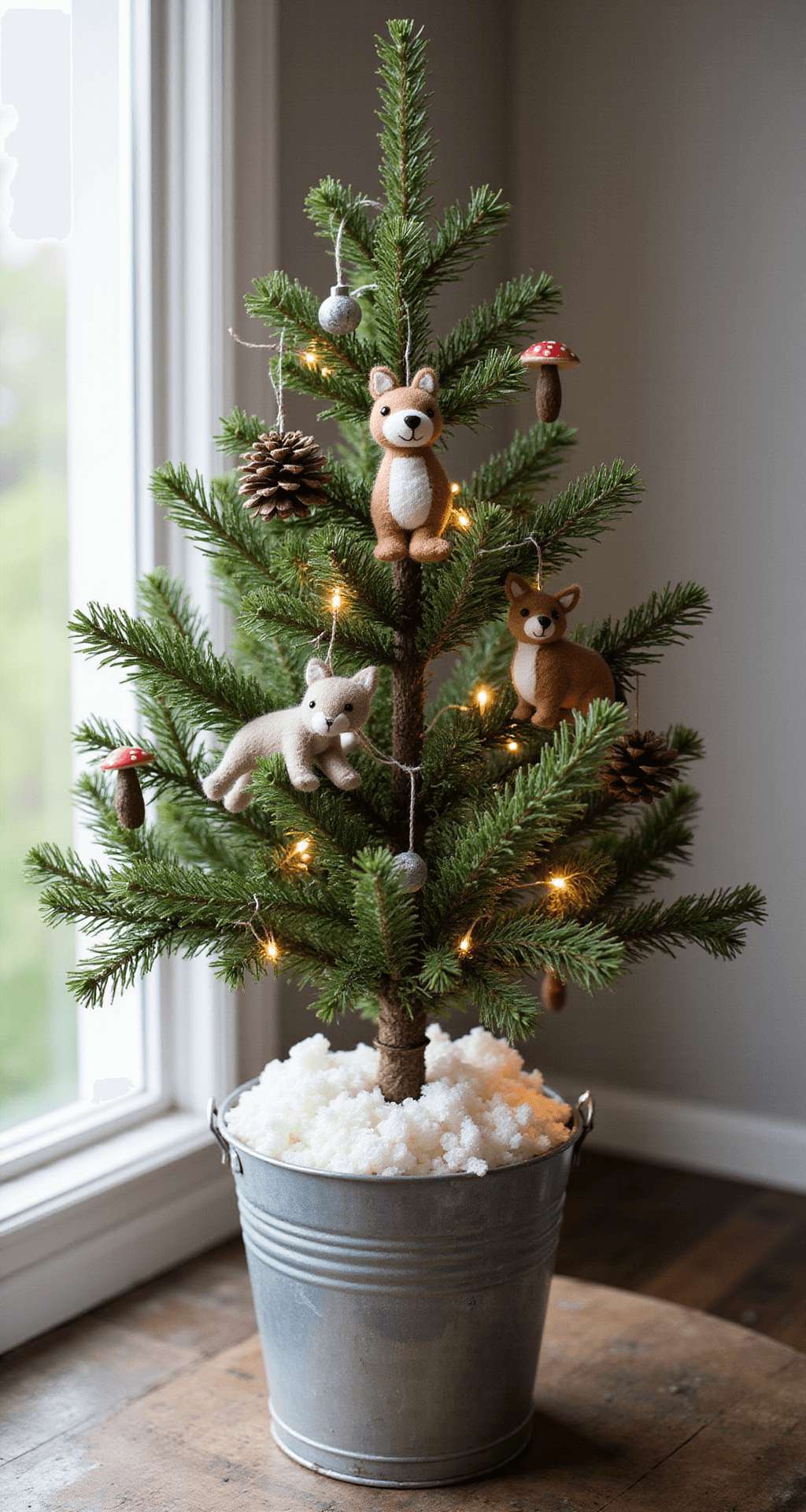 How to Decorate a Small Christmas Tree Without Making It Look Cluttered A rustic small Christmas tree in a galvanized metal bucket, adorned with felt forest creature ornaments, tiny pinecone and mushroom decorations, and warm white fairy lights, surrounded by soft white batting resembling snow, all illuminated by soft natural light.