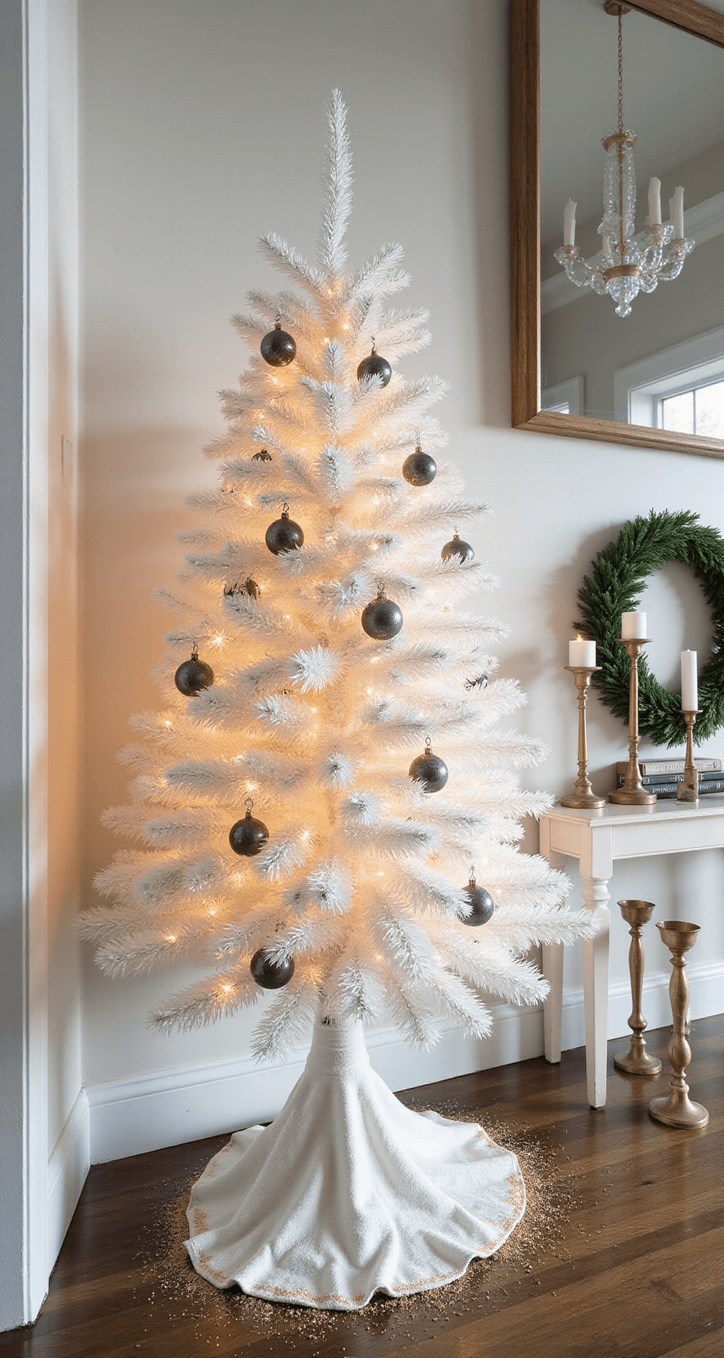 How to Decorate a Small Christmas Tree Without Making It Look Cluttered A sophisticated entryway console with a petite Christmas tree decorated in white, cream, and metallic accents, featuring fairy lights, a vintage glass bird ornament, gold dust at the base, brushed brass candle holders, and a minimalist wreath, all illuminated by afternoon light casting elegant shadows.