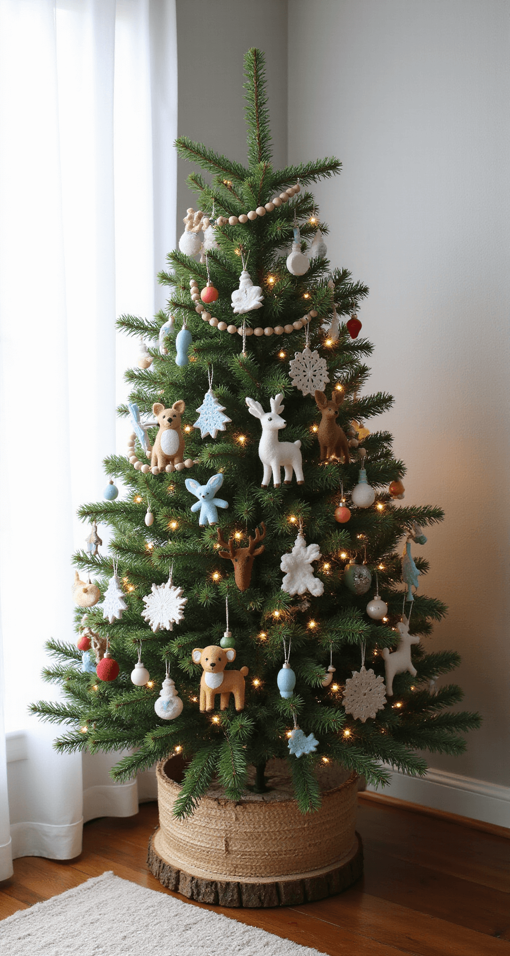 How to Decorate a Small Christmas Tree Without Making It Look Cluttered A small Christmas tree in a children's bedroom features woodland creature-themed ornaments in soft colors, a wooden bead garland, and warm white fairy lights, all set in a natural wood slice base within a woven basket, with morning light filtering through white curtains.