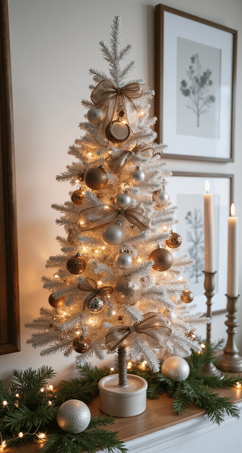 How to Decorate a Small Christmas Tree Without Making It Look Cluttered An elegant mantel display with a small cream, white, and copper Christmas tree adorned with natural wood slice ornaments and metallic baubles, surrounded by greenery clippings and softly glowing candlelight, captured in warm late afternoon light.