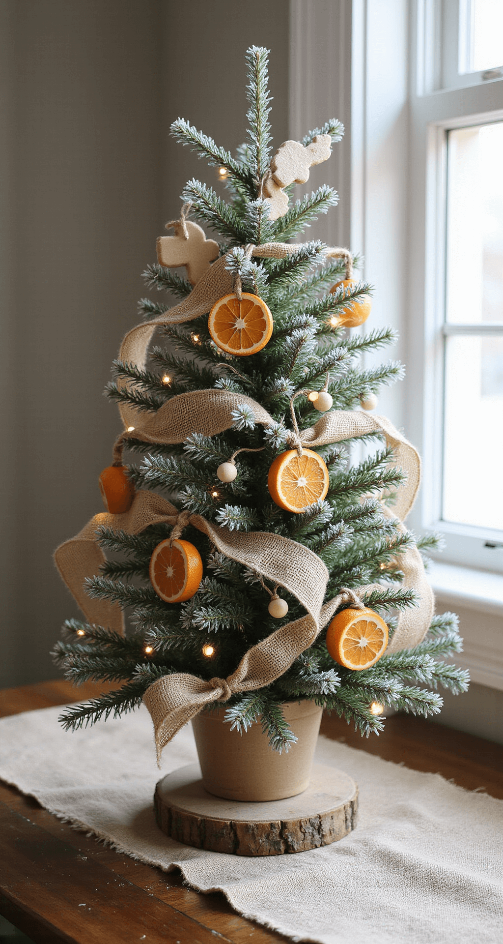 How to Decorate a Small Christmas Tree Without Making It Look Cluttered A small farmhouse-style Christmas tree adorned with burlap ribbon, dried orange slices, cookie cutter ornaments, and wooden beads on twine, set on a rustic wooden side table, illuminated by warm white fairy lights. A natural linen runner adds texture, while soft window light enhances the cozy, nostalgic atmosphere.