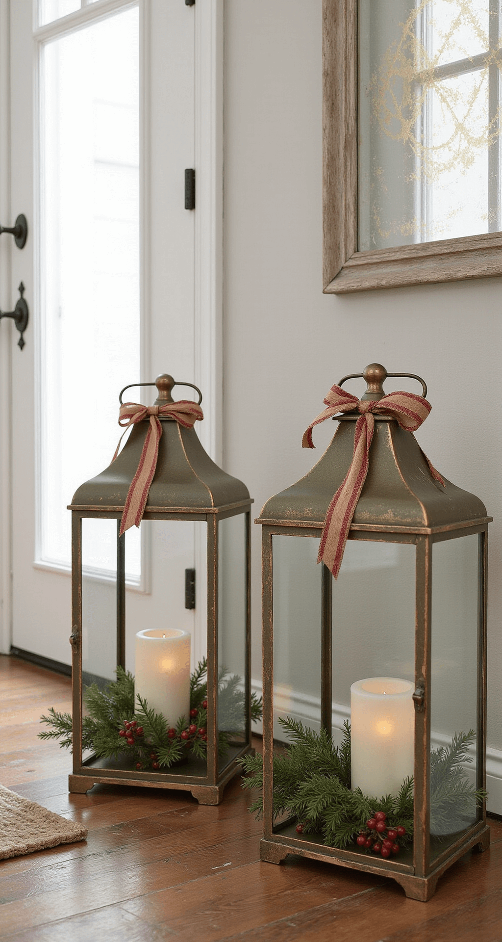 Christmas Lantern Decorating Ideas That'll Make Your Neighbors Stop and Stare Elegant farmhouse entryway featuring a white wooden front door flanked by two oversized lanterns filled with cedar branches, red berries, and LED pillar candles, on a hardwood floor with a vintage runner, illuminated by warm winter light highlighting muted green and burgundy tones with brass and copper accents.