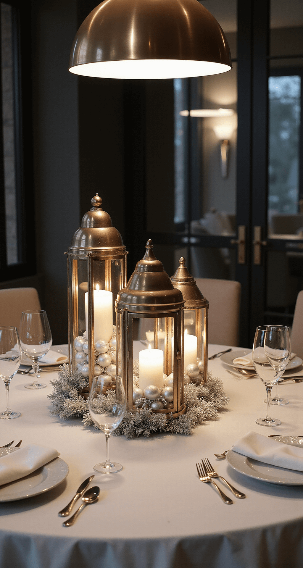 Christmas Lantern Decorating Ideas That'll Make Your Neighbors Stop and Stare Sophisticated dining room tablescape with varying-height metallic lanterns filled with white and silver ornaments, minimal tinsel, and glowing LED candles, set on a crisp white linen tablecloth with elegant china and crystal wine glasses, illuminated by soft evening light from a modern pendant fixture.