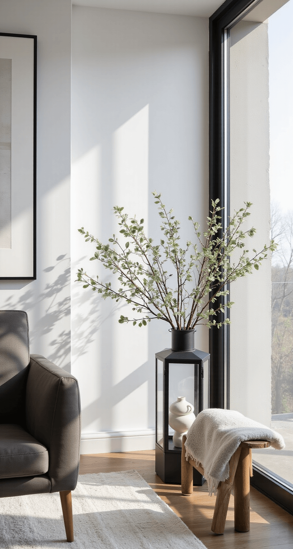 Christmas Lantern Decorating Ideas That'll Make Your Neighbors Stop and Stare Modern minimalist living room corner with a large black metal lantern filled with white ceramic ornaments and eucalyptus branches, accented by delicate string lights. Bright, airy space with clean white walls, mid-century modern furniture, and large abstract artwork, all bathed in soft morning light from floor-to-ceiling windows. Monochromatic Scandinavian-inspired styling creates a serene atmosphere.