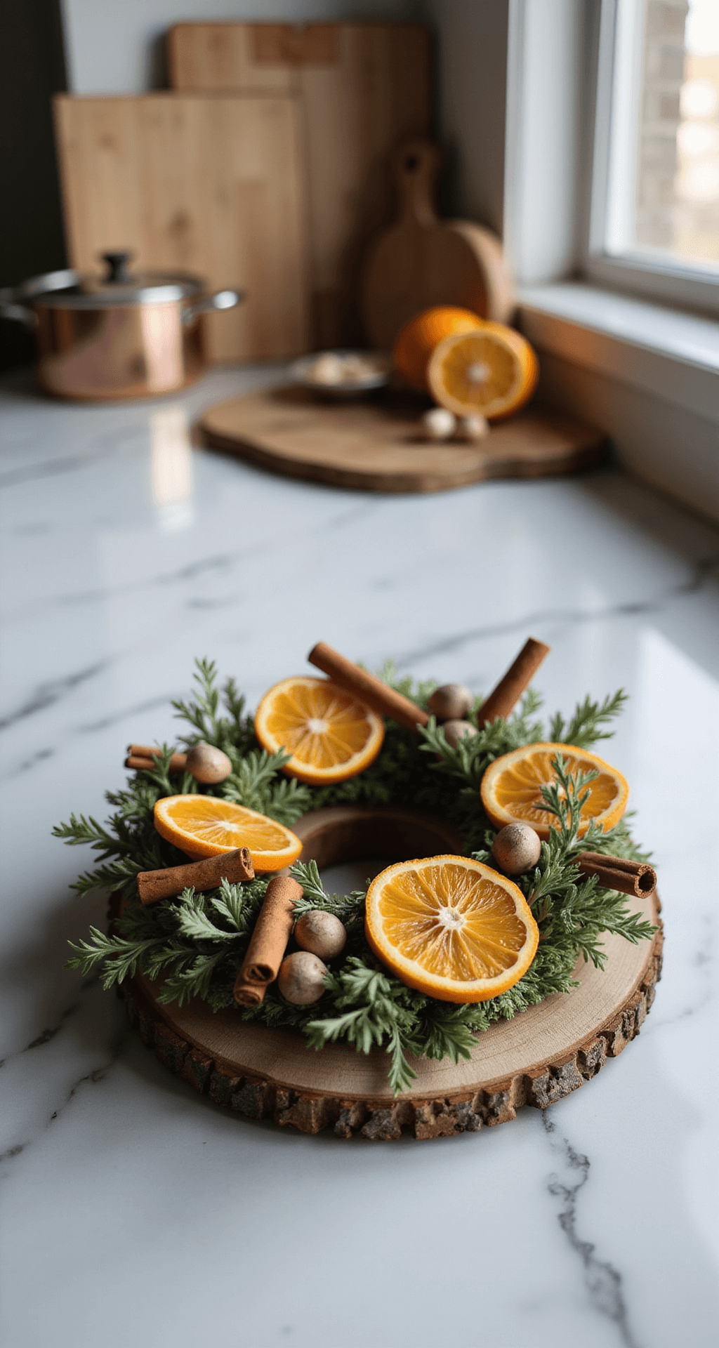 DIY Holiday Wreaths That'll Make Your Front Door the Talk of the Neighborhood (In Under 15 Minutes!) A close-up of a handcrafted botanical wreath featuring dried orange slices, cinnamon sticks, and whole nutmegs on a vintage marble countertop, bathed in soft natural light, with copper cookware and a wooden cutting board softly blurred in the background.