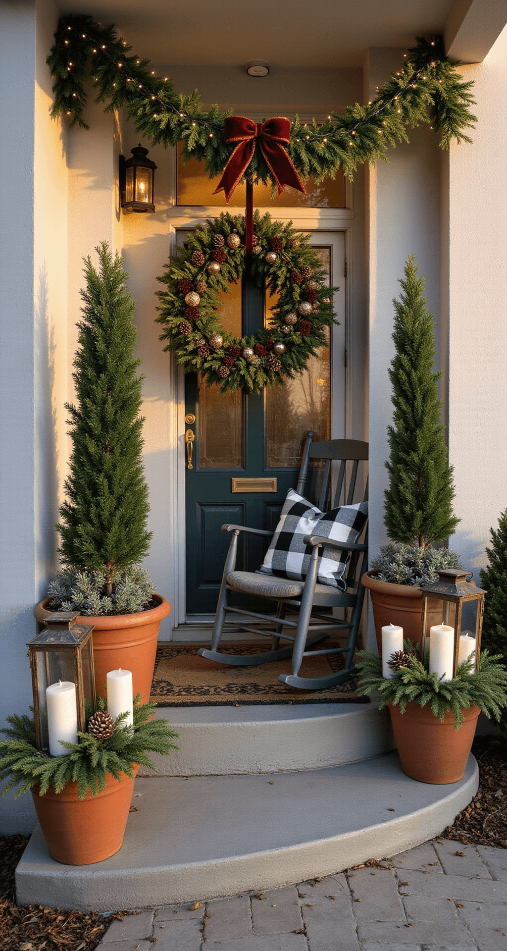 Christmas Front Porch Decorating Ideas That'll Make Your Neighbors Jealous A beautifully decorated luxurious front porch at golden hour, showcasing a forest green pine wreath adorned with burgundy and champagne gold ribbons, accompanied by battery-operated lanterns filled with pinecones and candles, potted cypress trees in terracotta planters, a buffalo check pillow on a vintage rocking chair, and soft garland with string lights draping the railing, all surrounded by a lush forest setting.