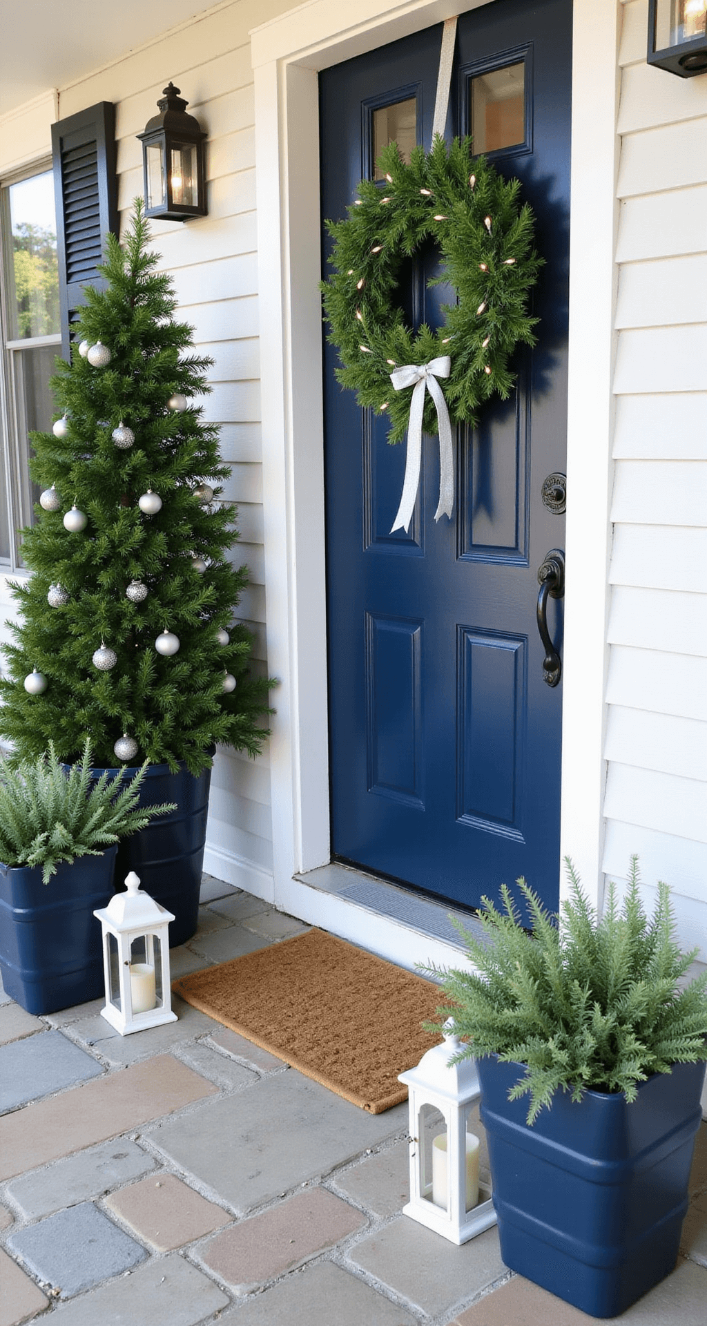 Christmas Front Porch Decorating Ideas That'll Make Your Neighbors Jealous Elegant coastal-inspired Christmas porch in navy blue and silver, featuring a large potted spruce tree, asymmetrical greenery, vertical door swag, and matching planters with lanterns, all set against a slate stone pathway in soft morning light.