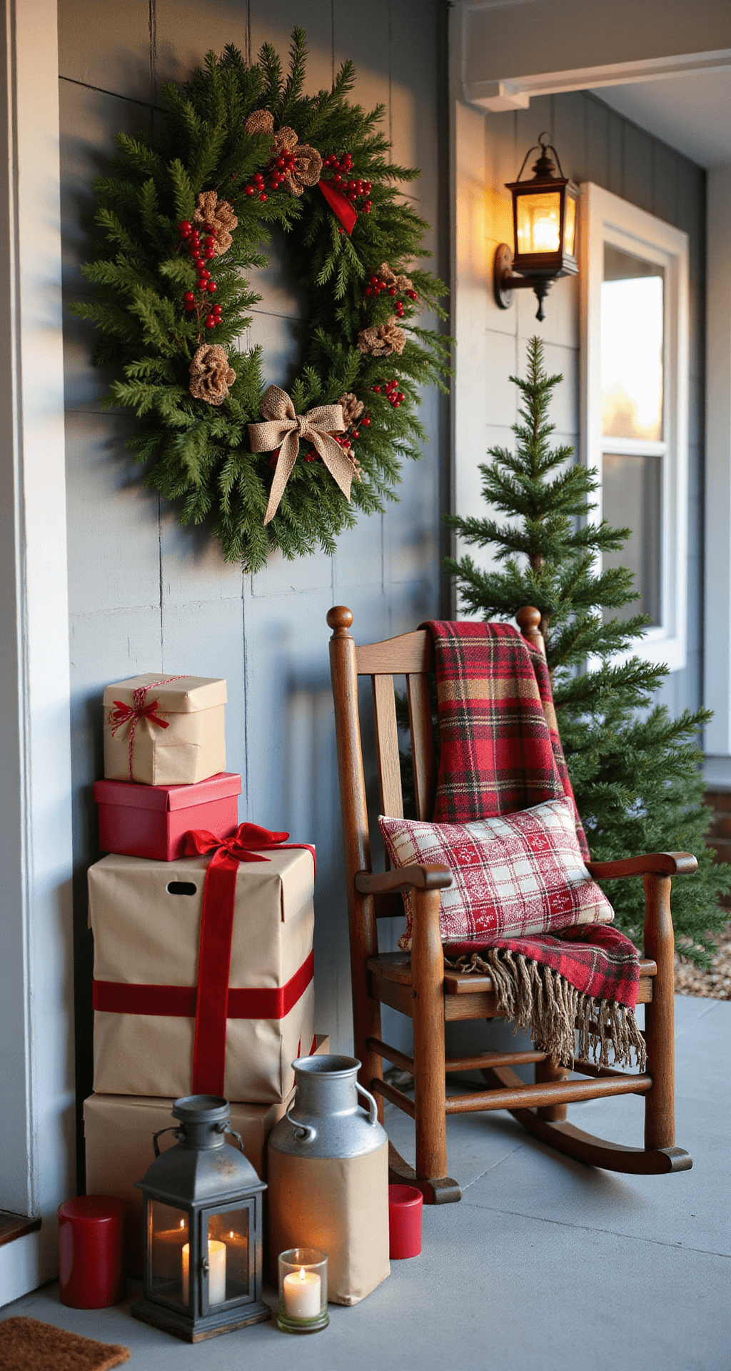 Christmas Front Porch Decorating Ideas That'll Make Your Neighbors Jealous Rustic farmhouse front porch decorated for Christmas with oversized fresh wreath, wrapped gift boxes, wooden rocking chair, cast iron lanterns, pine branches, and a wool throw, all bathed in warm amber evening light.