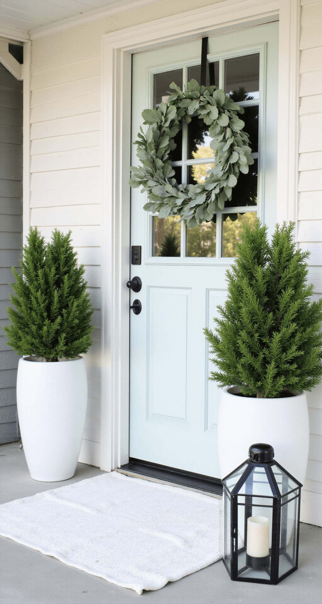 Christmas Front Porch Decorating Ideas That'll Make Your Neighbors Jealous Modern minimalist front porch featuring a sleek architectural door adorned with a contemporary wreath of fresh white pine and silver dollar eucalyptus, flanked by matching white ceramic planters with trimmed boxwood topiaries, an oversized geometric lantern with a battery candle, and a monochromatic textured white doormat, all highlighted in bright mid-morning light.