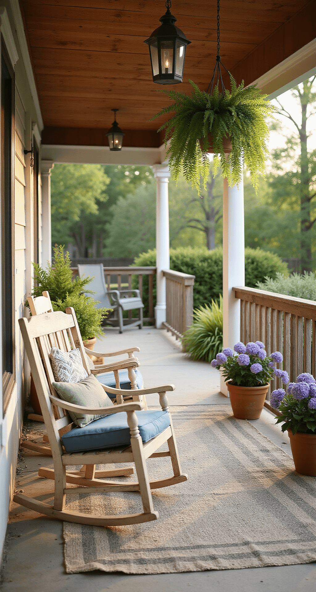 Farmhouse Summer Porch Decor: Transform Your Front Porch Into a Cozy Retreat Ultra-detailed summer porch scene featuring soft cream vintage rocking chairs with blue-grey cushions, lush Boston ferns hanging from a cedar ceiling, aged galvanized lanterns, a jute rug with faded stripes, and lavender hydrangeas in terracotta planters, all bathed in warm golden hour light.