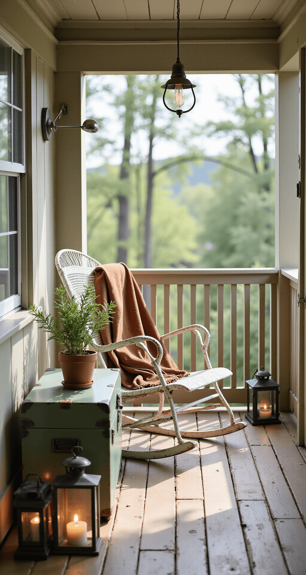 Farmhouse Summer Porch Decor: Transform Your Front Porch Into a Cozy Retreat Rustic farmhouse porch interior featuring vintage elements, morning light on distressed wood floors, an antique steamer trunk, a white metal chair with rosemary, a gooseneck wall lamp, an aged leather throw on a rocking chair, and subtle solar lanterns, all in a soft cream and sage green color palette.