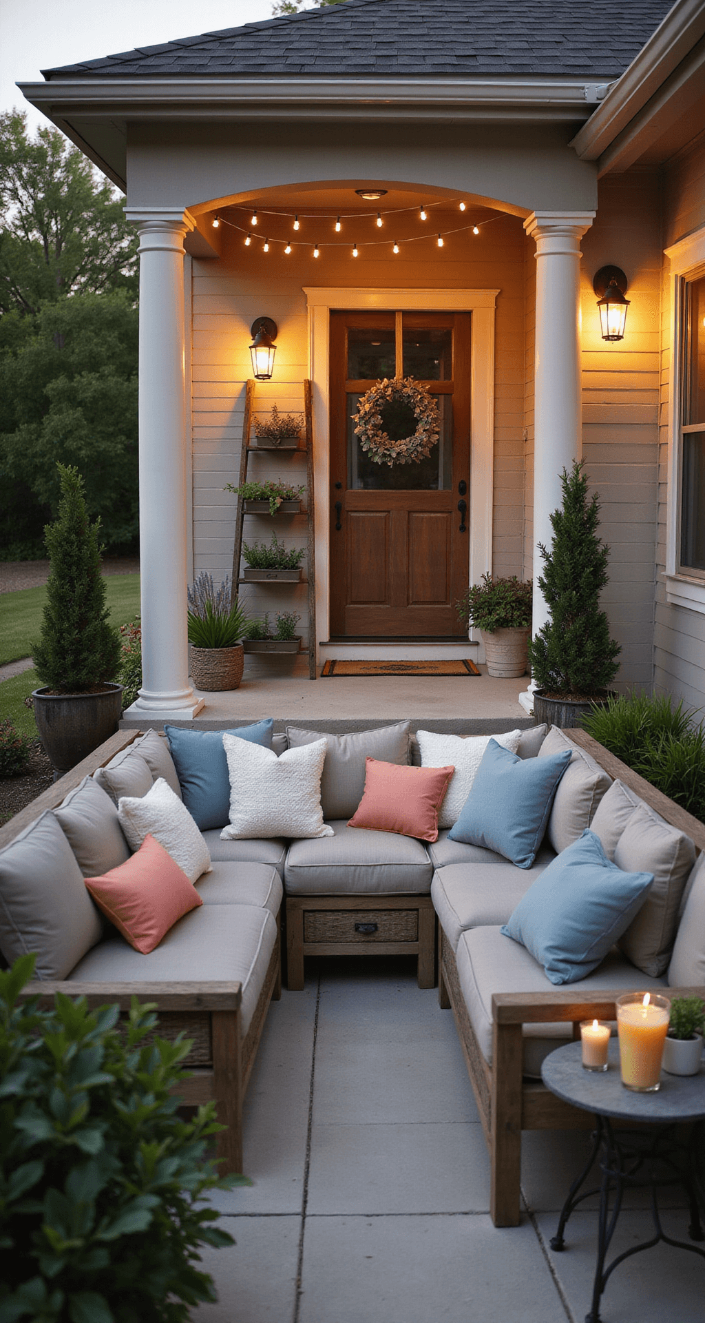 Farmhouse Summer Porch Decor: Transform Your Front Porch Into a Cozy Retreat Expansive farmhouse porch at dusk featuring an oversized outdoor sectional with layered pillows, warm string lights, large potted boxwoods, a vintage ladder with herb planters, a wrought iron side table with lemonade, and a soft eucalyptus wreath on the door, creating an intimate summer evening atmosphere.