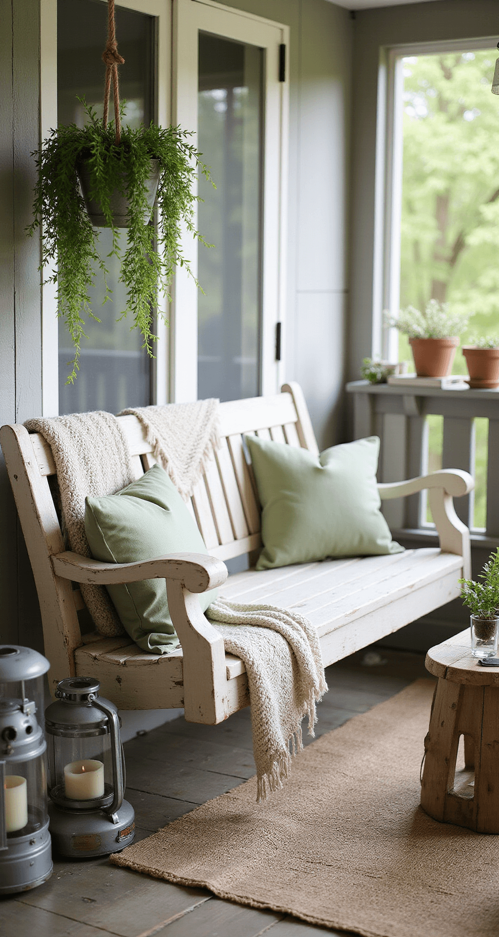 Farmhouse Summer Porch Decor: Transform Your Front Porch Into a Cozy Retreat An intimate farmhouse porch corner featuring an antique white wooden swing draped with a chunky knit throw, soft sage green cushions, and a hanging Boston fern in a vintage galvanized planter. A small collection of potted herbs rests on a distressed wooden side table, while industrial solar lanterns provide soft ambient lighting. The weathered jute rug with subtle stripes is illuminated by morning light filtering through aged wooden spindles, captured with a Canon L-series lens to enhance the soft depth and tranquil atmosphere.