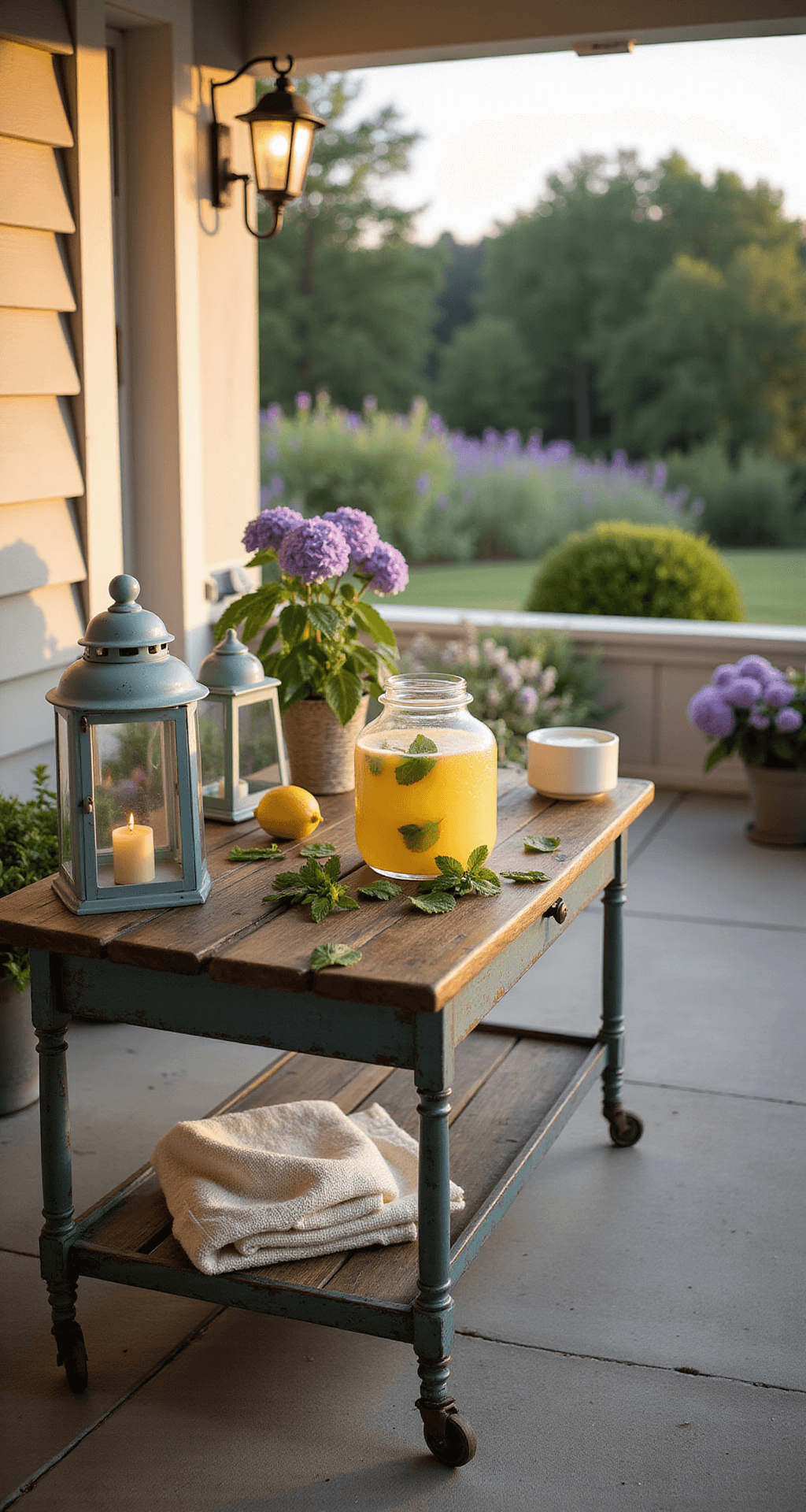 Farmhouse Summer Porch Decor: Transform Your Front Porch Into a Cozy Retreat A vintage metal bar cart on a farmhouse porch at golden hour, featuring a fresh lemonade pitcher surrounded by mint leaves on an aged wooden surface, soft blue lanterns, distant lavender hydrangeas, and a cream-colored throw, all bathed in warm shadows from an industrial wall sconce, evoking an inviting summer evening atmosphere.