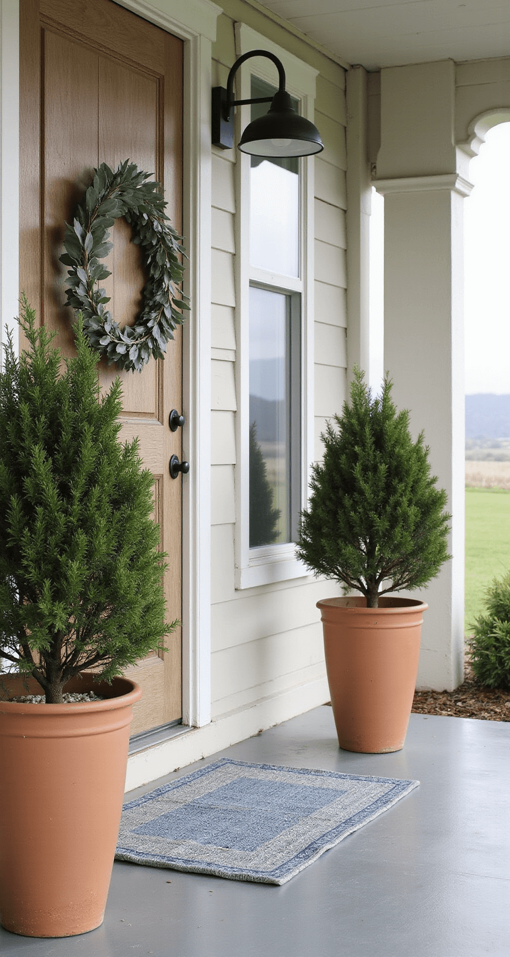 Farmhouse Summer Porch Decor: Transform Your Front Porch Into a Cozy Retreat A symmetrical farmhouse porch entrance featuring aged terracotta topiary planters, soft industrial gooseneck lights, a vintage wooden door adorned with a simple eucalyptus wreath, and a faded blue-grey outdoor rug, all set against a backdrop of rolling farmland and morning mist, conveying a warm and inviting atmosphere.