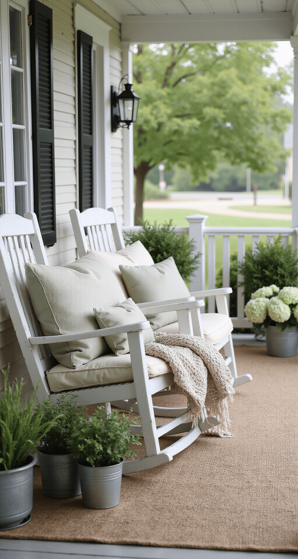 Farmhouse Summer Porch Decor: Transform Your Front Porch Into a Cozy Retreat A cozy farmhouse porch featuring oversized weathered white rocking chairs adorned with cream and soft sage green pillows, a chunky knit throw, vintage metal lanterns, and mismatched potted herbs, illuminated by soft morning light that casts gentle shadows, with a jute rug and distant blooming hydrangeas, creating a tranquil and intimate scene.