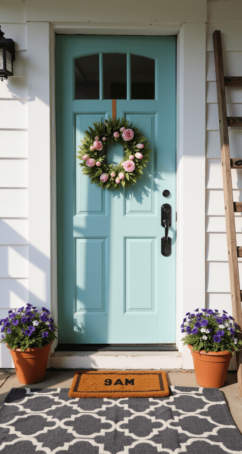 Simple Spring Porch Decor Ideas That Actually Work (No Fancy Skills Required) A sunlit spring porch featuring a robin's egg blue wooden door adorned with a soft pink tulip wreath, flanked by terra cotta pots of purple and white pansies, with a leaning weathered wooden ladder against white clapboard siding, and a geometric charcoal and cream outdoor rug in warm morning light.