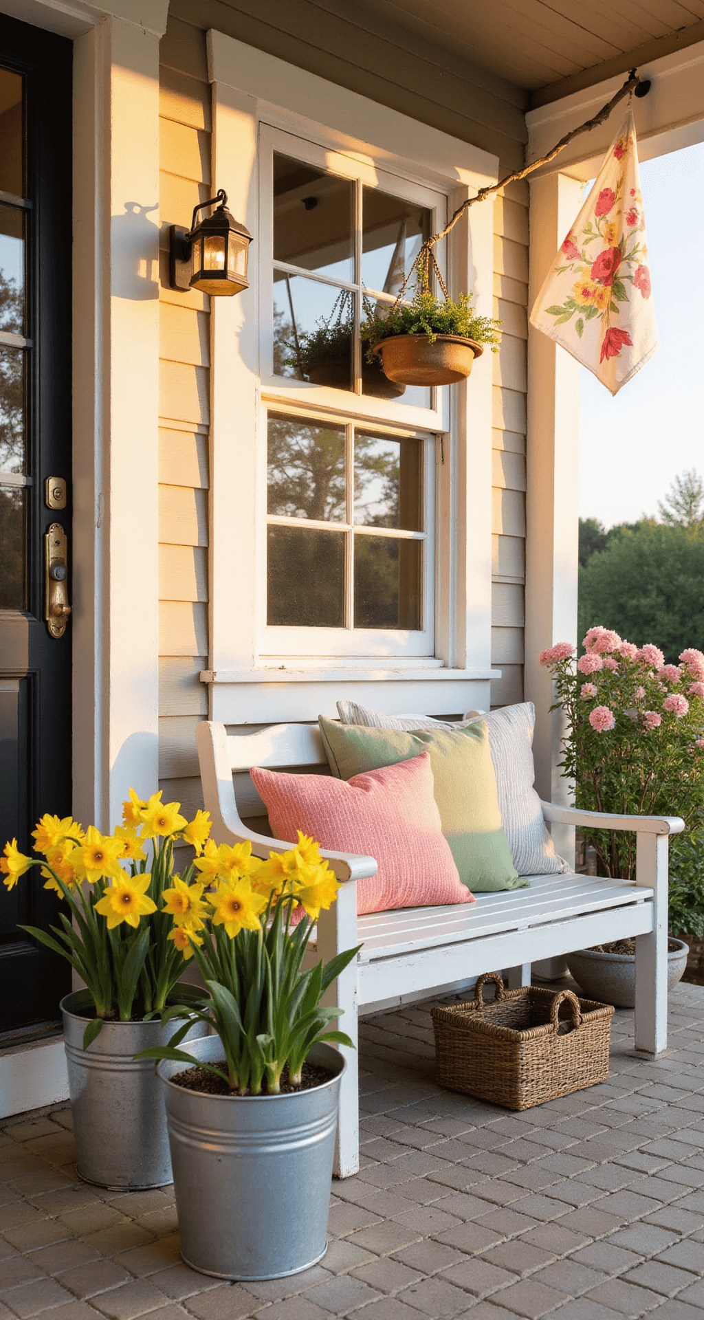 Simple Spring Porch Decor Ideas That Actually Work (No Fancy Skills Required) A warm and inviting farmhouse-style porch at golden hour, featuring galvanized buckets of yellow daffodils, a distressed white bench with sage green and coral striped pillows, hanging pink petunias, rustic copper and driftwood wind chimes, and a watercolor floral garden flag, all illuminated by soft amber lighting.