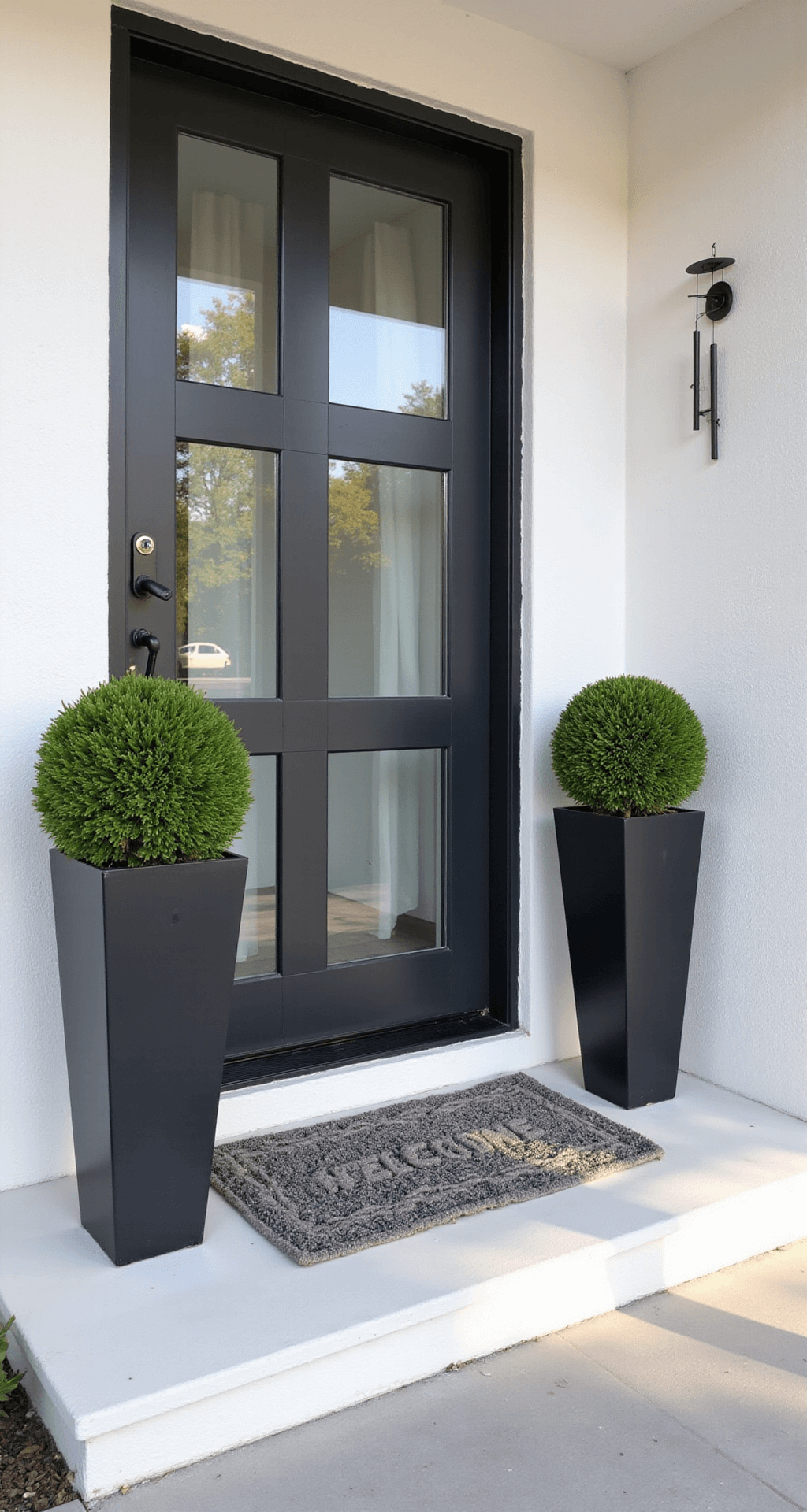 Simple Spring Porch Decor Ideas That Actually Work (No Fancy Skills Required) A minimalist porch with white walls, symmetrical large faux boxwood spheres in matte black planters, a geometric monochromatic welcome mat, and a modern metal wind chime, captured in soft morning light.