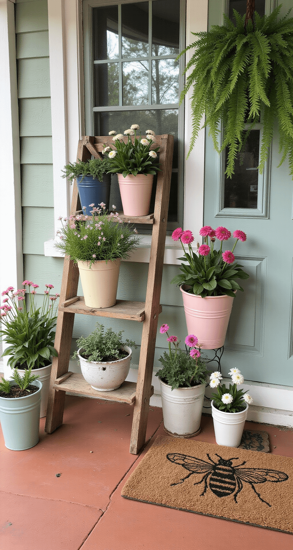 Simple Spring Porch Decor Ideas That Actually Work (No Fancy Skills Required) A charming cottage-style porch featuring a rich terracotta floor, mismatched vintage planters with pastel spring flowers, an antique wooden ladder as a plant stand, a whimsical bee-themed welcome mat, and soft morning light filtering through hanging ferns, captured from a slightly elevated angle.