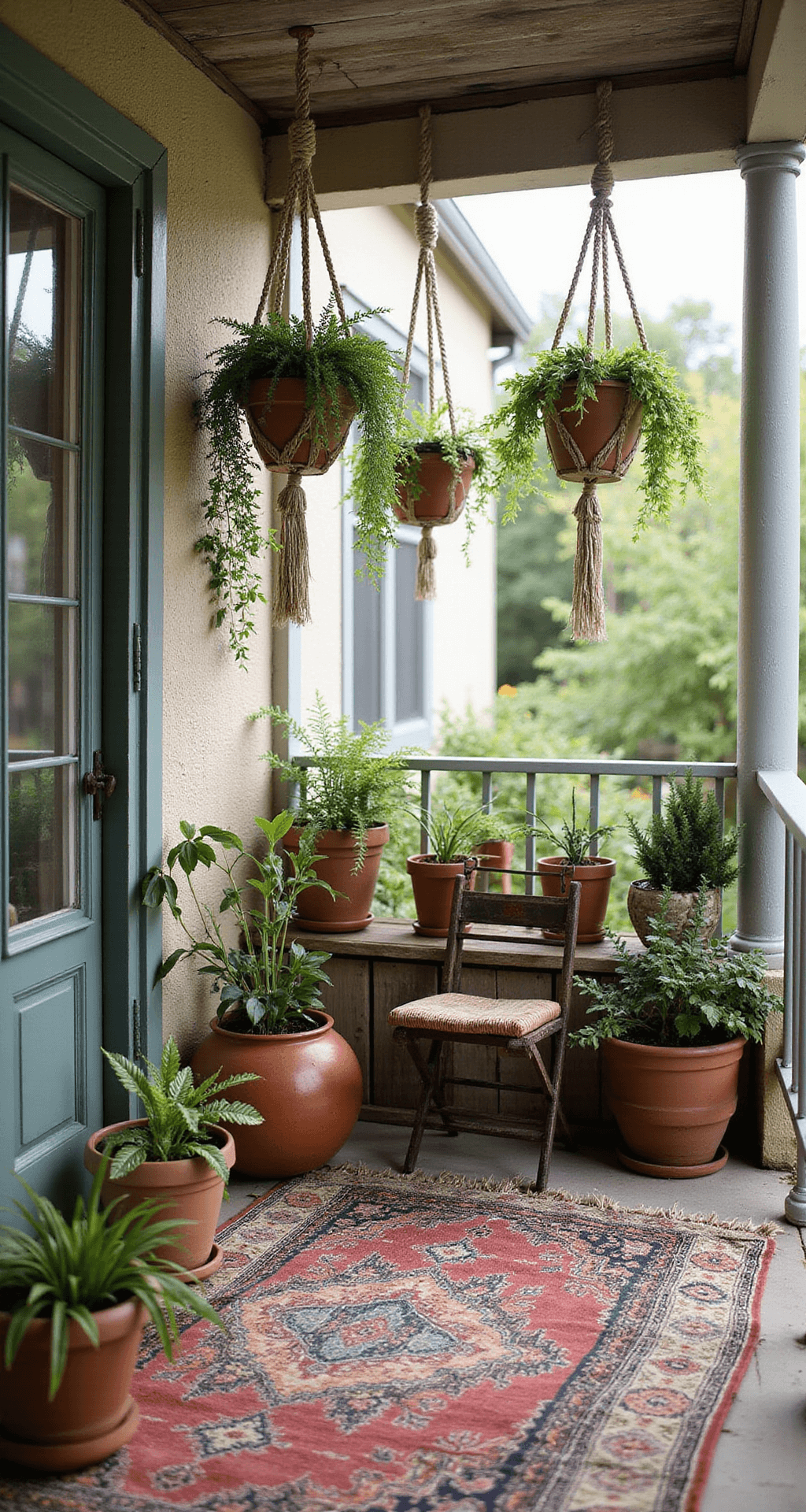 Simple Spring Porch Decor Ideas That Actually Work (No Fancy Skills Required) An eclectic bohemian porch adorned with macramé plant hangers, trailing greenery, earthy ceramic pots, a vintage Turkish rug, and multi-level plants on wooden crates and metal stands, all bathed in soft diffused light from a lower angle.