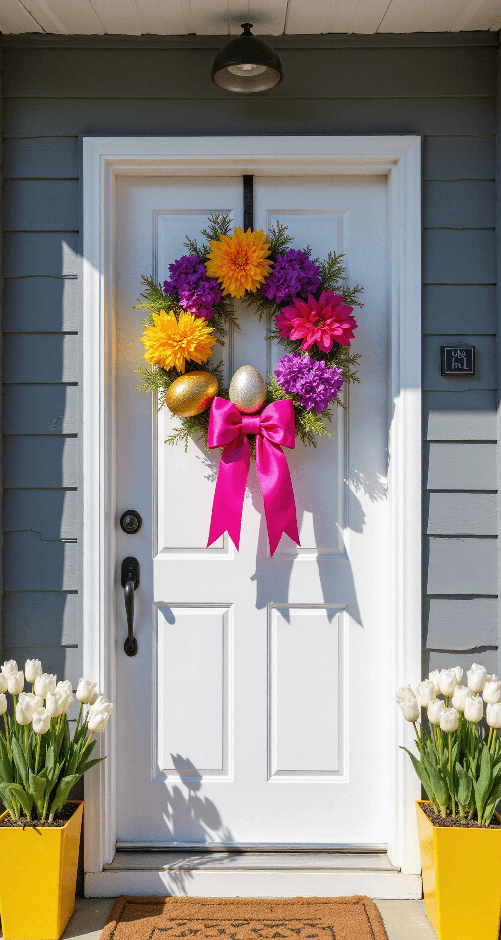 Easter Wreaths That'll Make Your Neighbors Stop and Stare (Plus How to Make Them) A contemporary entryway with a white front door adorned with a vibrant Easter wreath featuring hot pink, electric yellow, and vivid purple silk flowers, oversized glittered eggs in metallic gold and silver, and a fuchsia pink satin bow; surrounded by charcoal gray siding and yellow planters with white tulips, captured in bright midday sun.