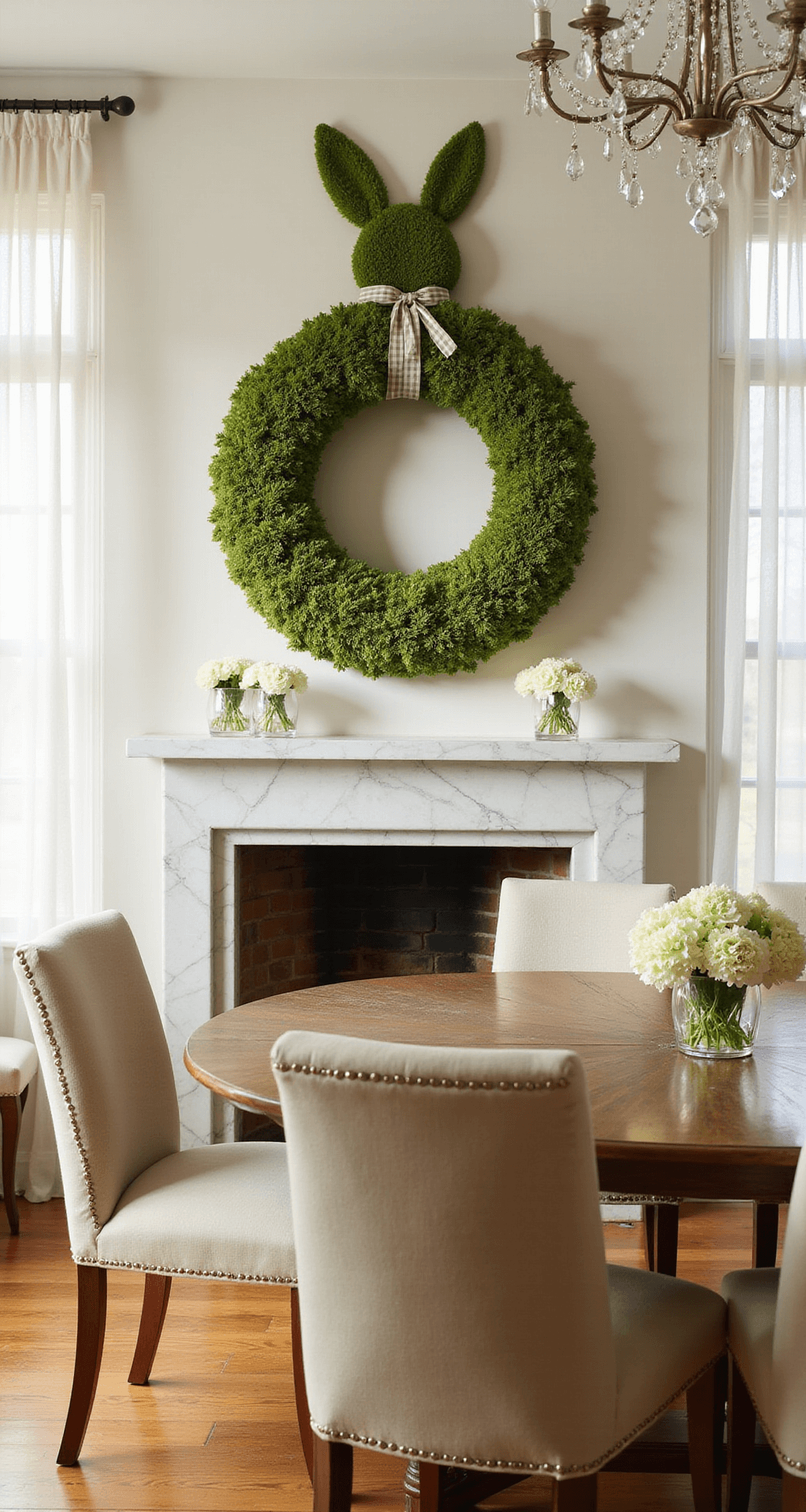Easter Wreaths That'll Make Your Neighbors Stop and Stare (Plus How to Make Them) Elegant dining room with a moss-covered bunny silhouette wreath above a white marble fireplace, featuring warm white walls, a rustic wooden dining table, beige linen chairs, and fresh white hydrangeas, all softly illuminated by afternoon light.