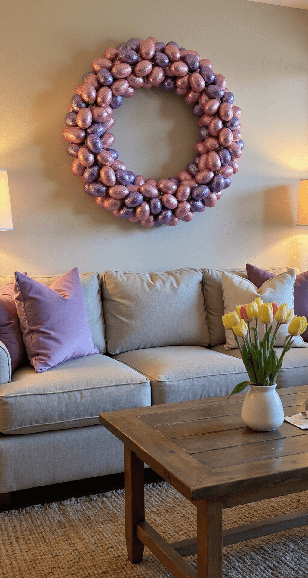 Easter Wreaths That'll Make Your Neighbors Stop and Stare (Plus How to Make Them) A cozy family room with cream walls, featuring a glittered egg Easter wreath in pink to purple tones above a gray linen sectional sofa. The room is illuminated by warm amber lamp light, showcasing a natural jute rug, a rustic wood coffee table with spring tulips, and soft lavender and cream velvet throw pillows, all under a twilight sky visible through a large window.